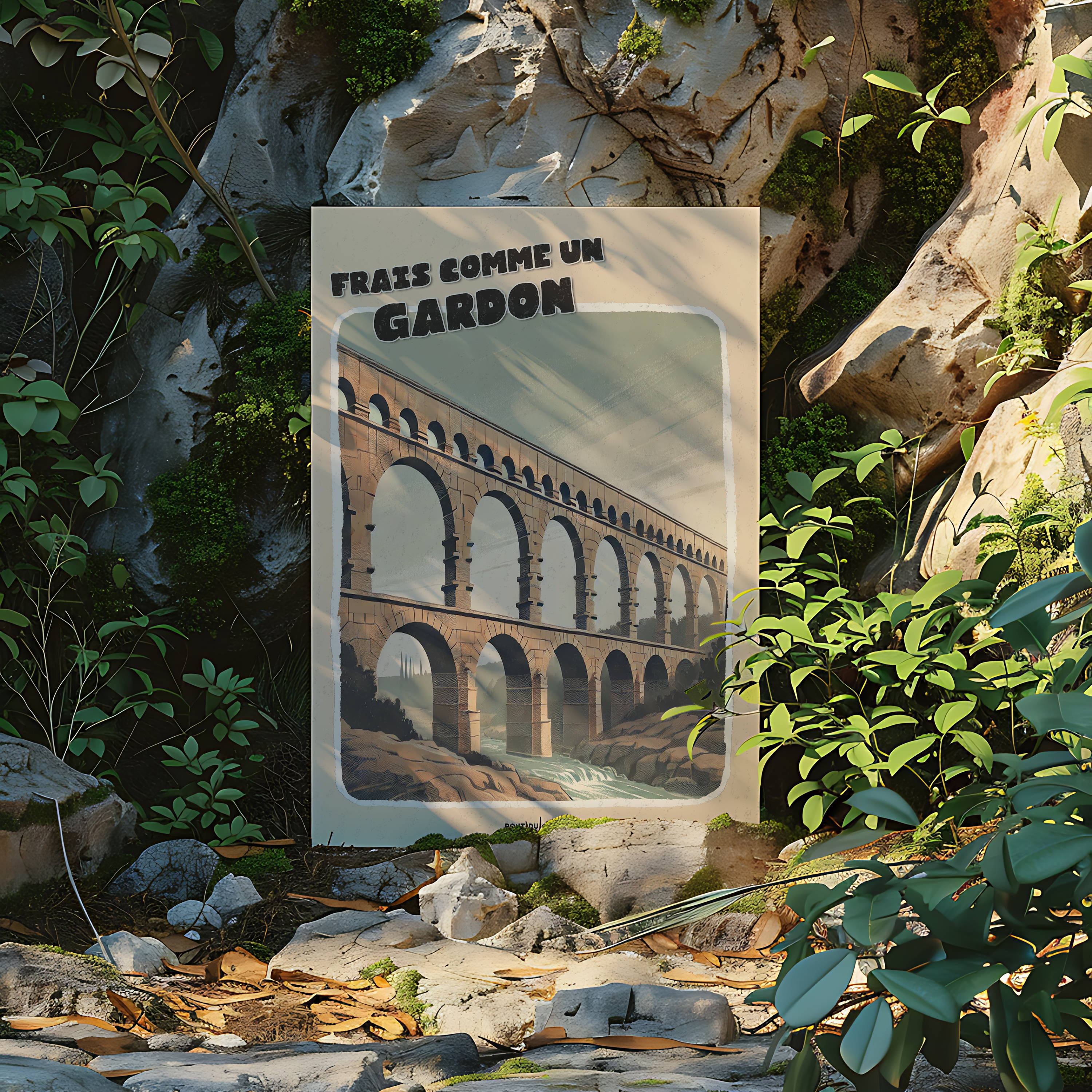Affiche vintage illustrée du Pont du Gard, aqueduc romain emblématique du sud de la France, avec l’expression humoristique “Frais comme un gardon”, idéale pour décoration murale originale et touristique.