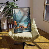 Affiche décoration murale van life vintage avec combi Volkswagen rouge et blanc garé au bord d’un lac, face à une montagne enneigée et entouré de pins et d’arbres aux couleurs automnales, style illustration voyage et aventure, citation "La destination importe peu, seul le voyage compte".