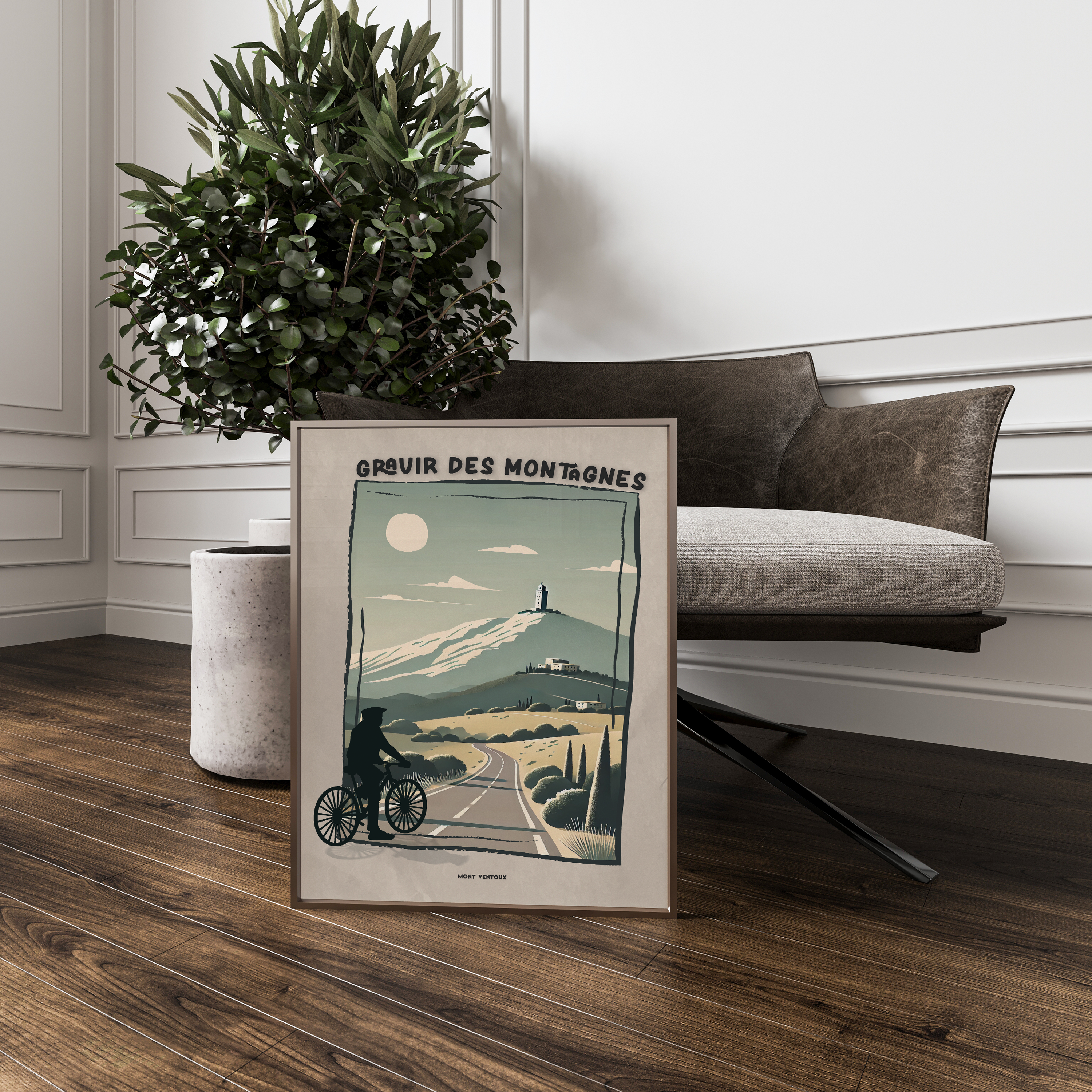 Affiche vintage Mont Ventoux, illustration cycliste gravissant une route de montagne provençale sous le soleil, décoration murale sport et nature, style rétro paysage français.