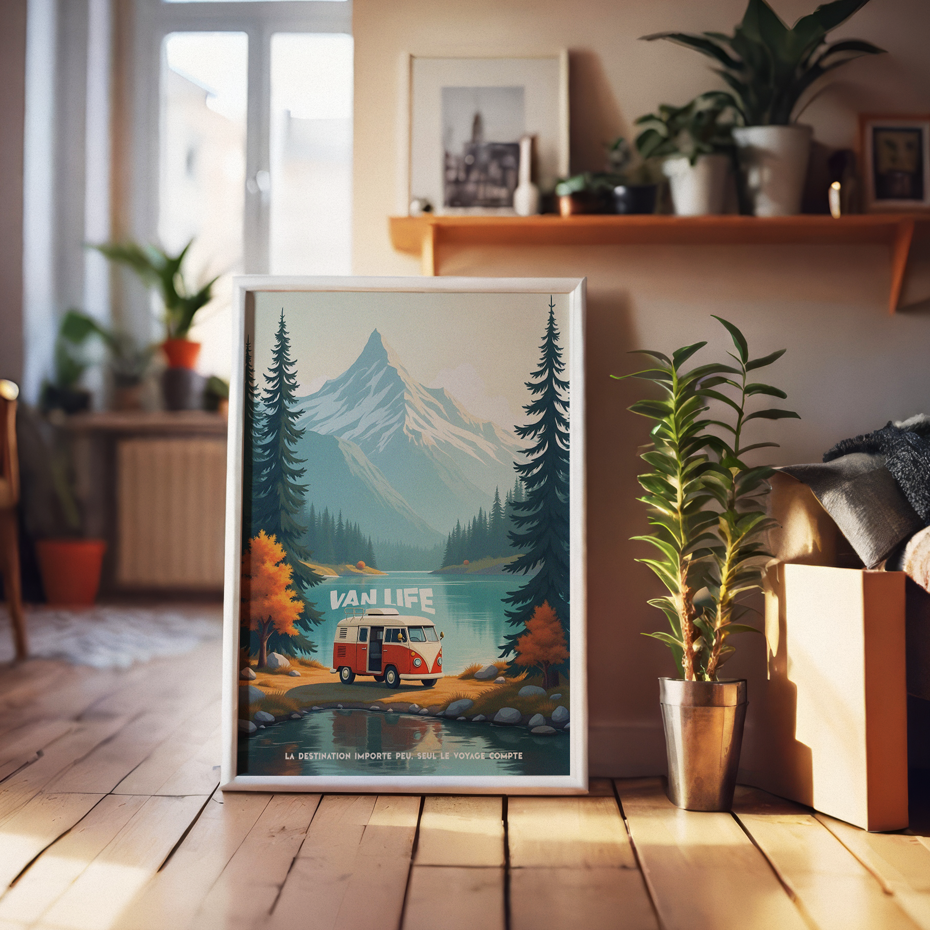 Affiche décoration murale van life vintage avec combi Volkswagen rouge et blanc garé au bord d’un lac, face à une montagne enneigée et entouré de pins et d’arbres aux couleurs automnales, style illustration voyage et aventure, citation "La destination importe peu, seul le voyage compte".