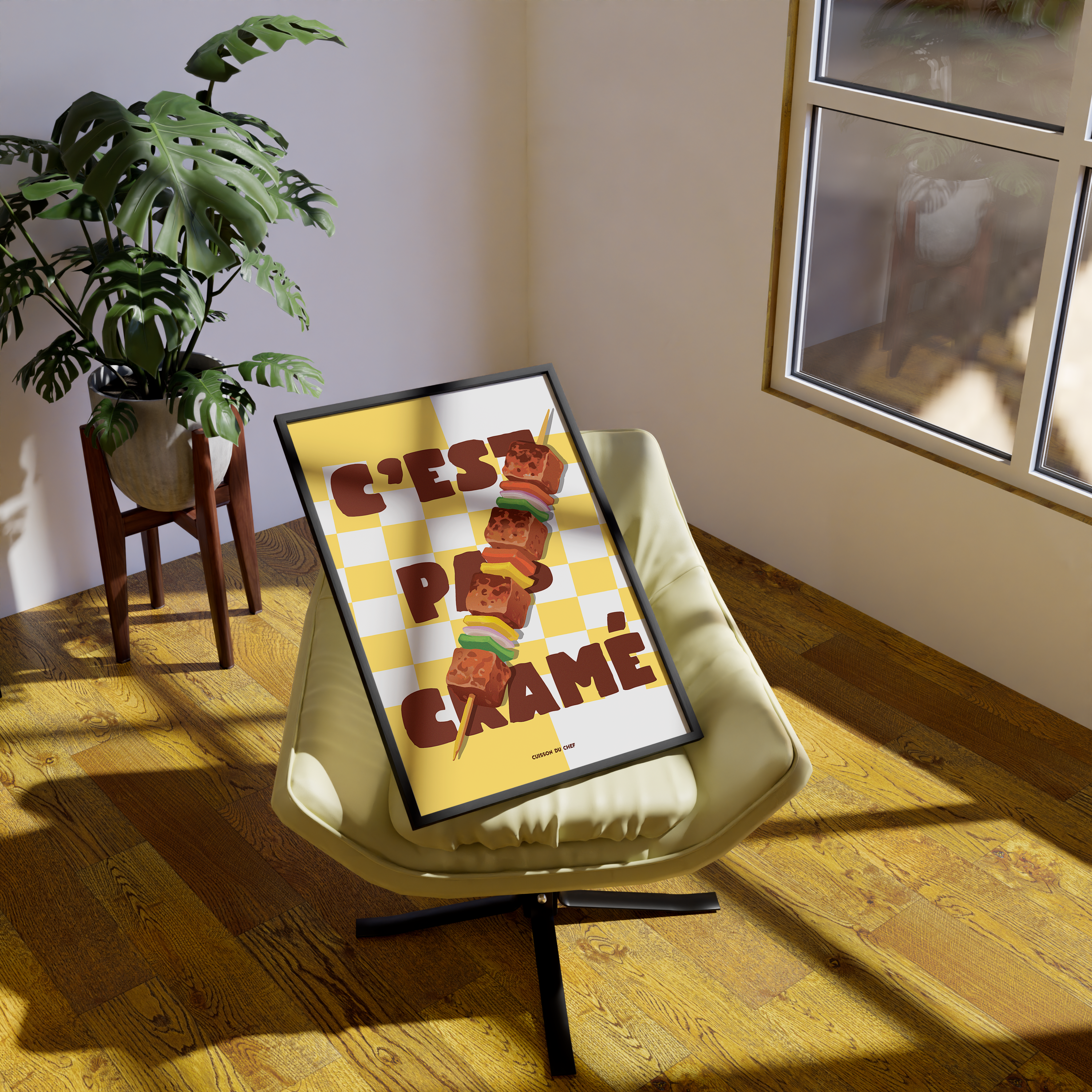 Affiche « C’est pas cramé » : brochette de barbecue en diagonale sur damier jaune, typo brune, déco cuisine humoristique.