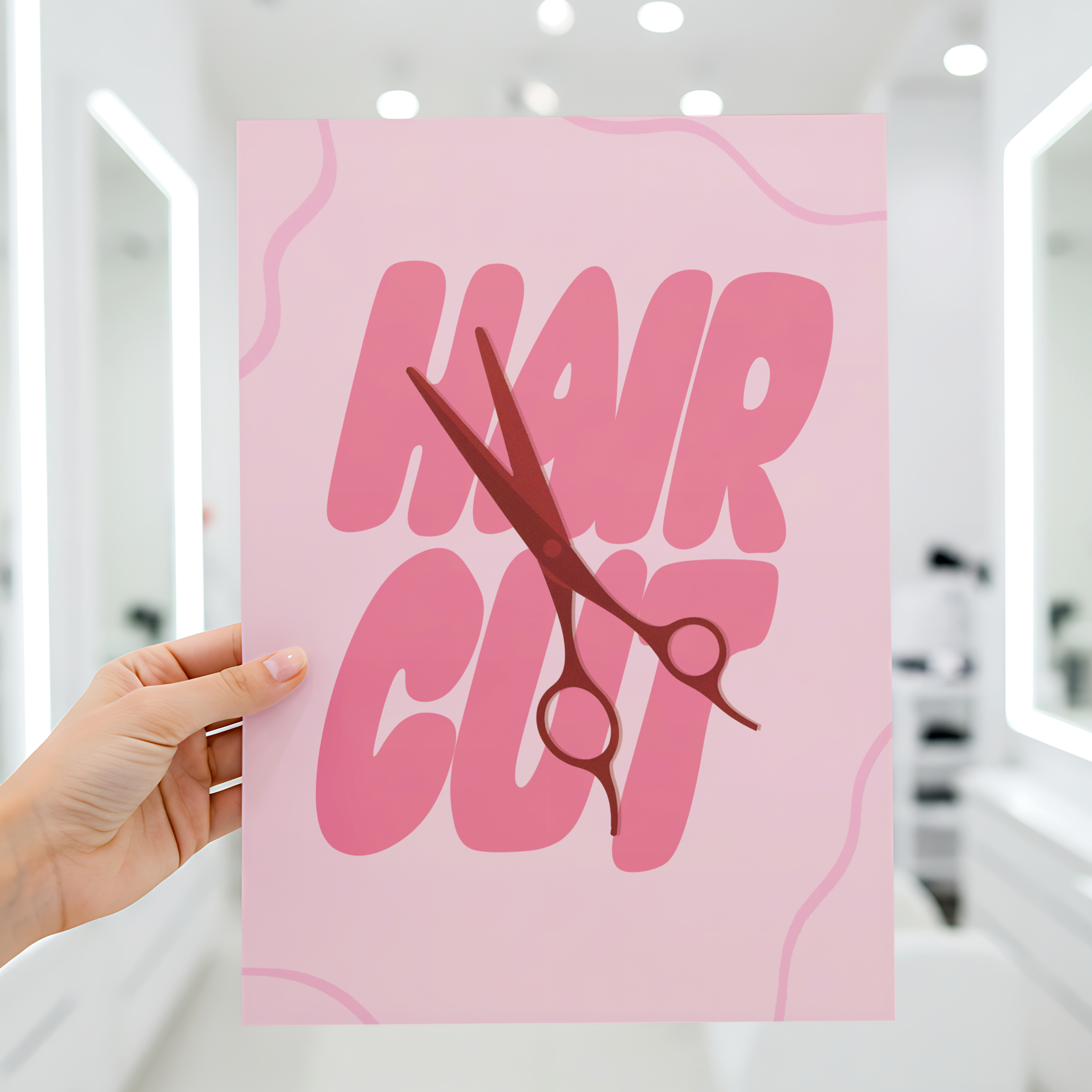 Affiche déco coiffeuse hair cut, illustration humoristique avec paire de ciseaux rouges croisés sur fond rose et typographie audacieuse, idée cadeau originale pour salon de coiffure, décoration murale moderne et design pop.