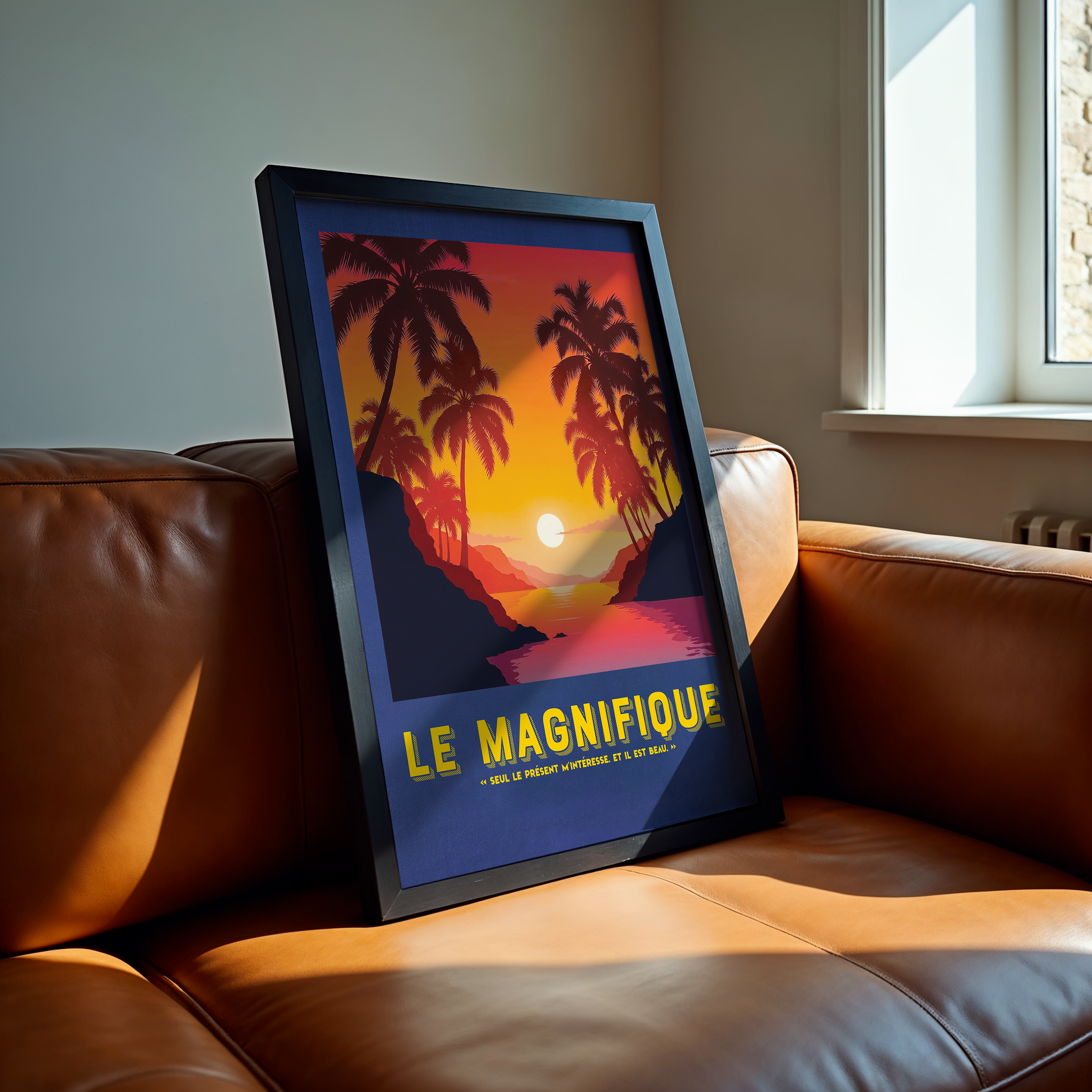 Affiche décorative Le Magnifique avec coucher de soleil tropical, palmiers noirs en silhouette et ciel dégradé orange-rouge, style vintage rétro, citation « Seul le présent m’intéresse, et il est beau », illustration murale colorée encadrée bois pour décoration intérieure.