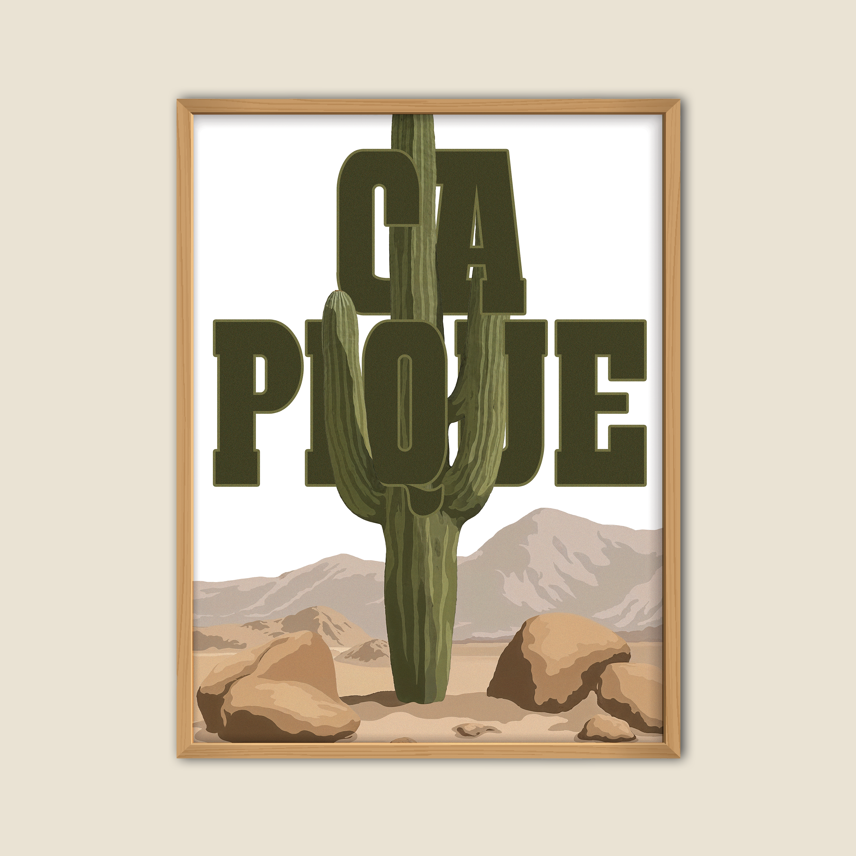 Affiche décorative humoristique "Ça pique" avec un grand cactus vert traversant une typographie imposante dans un paysage désertique avec montagnes et rochers, style graphique vintage, idéale pour une décoration murale originale et décalée.
