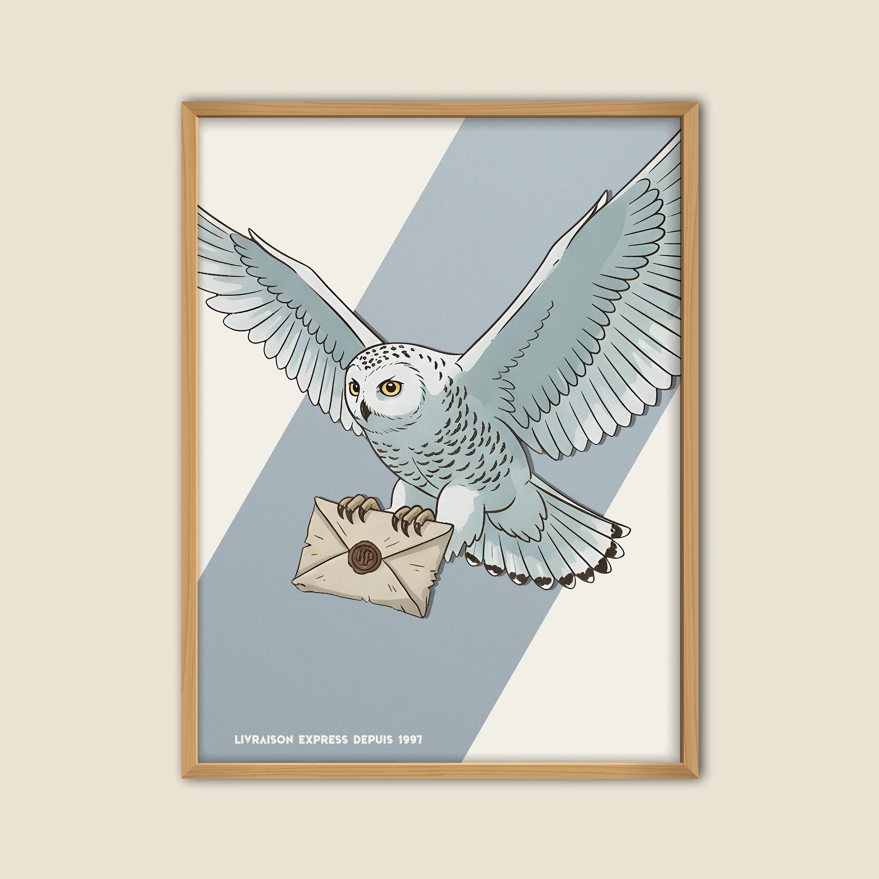 Affiche décorative vintage d'une chouette blanche type Hedwige portant une lettre magique, style Harry Potter, illustration murale avec design graphique et texte "Livraison express depuis 1997", idéale pour décoration geek ou chambre enfant.