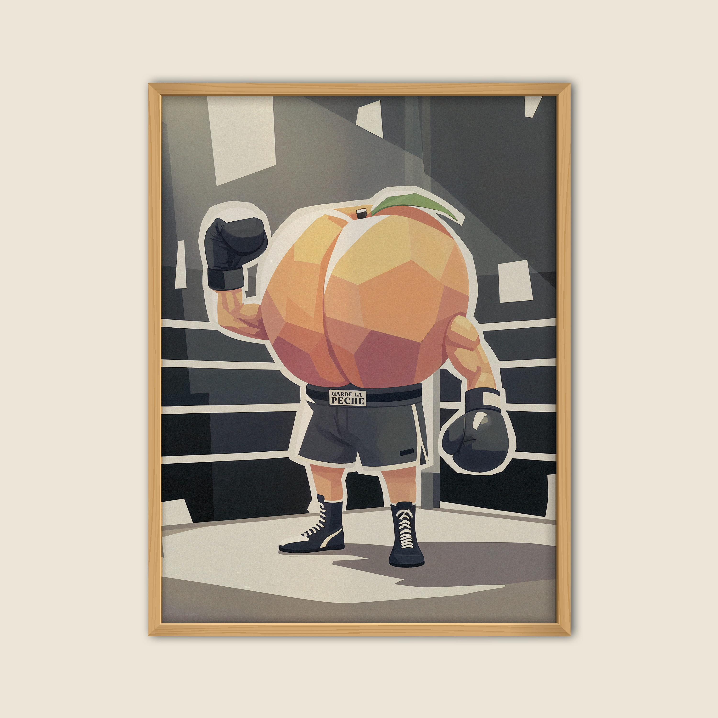 Affiche humoristique décorative représentant une pêche en boxeur avec gants et short marqué Garde la Pêche, illustration originale style cartoon pour décoration murale cuisine salon ou salle de sport.