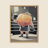 Affiche humoristique décorative représentant une pêche en boxeur avec gants et short marqué Garde la Pêche, illustration originale style cartoon pour décoration murale cuisine salon ou salle de sport.