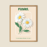 Affiche décorative de deux marguerites blanches sur fond beige avec encadrement bois, illustration florale vintage accompagnée du message humoristique "T'as de belles pétales, tu sais ?", idéale pour la décoration murale d’intérieur, style naturel et poétique.