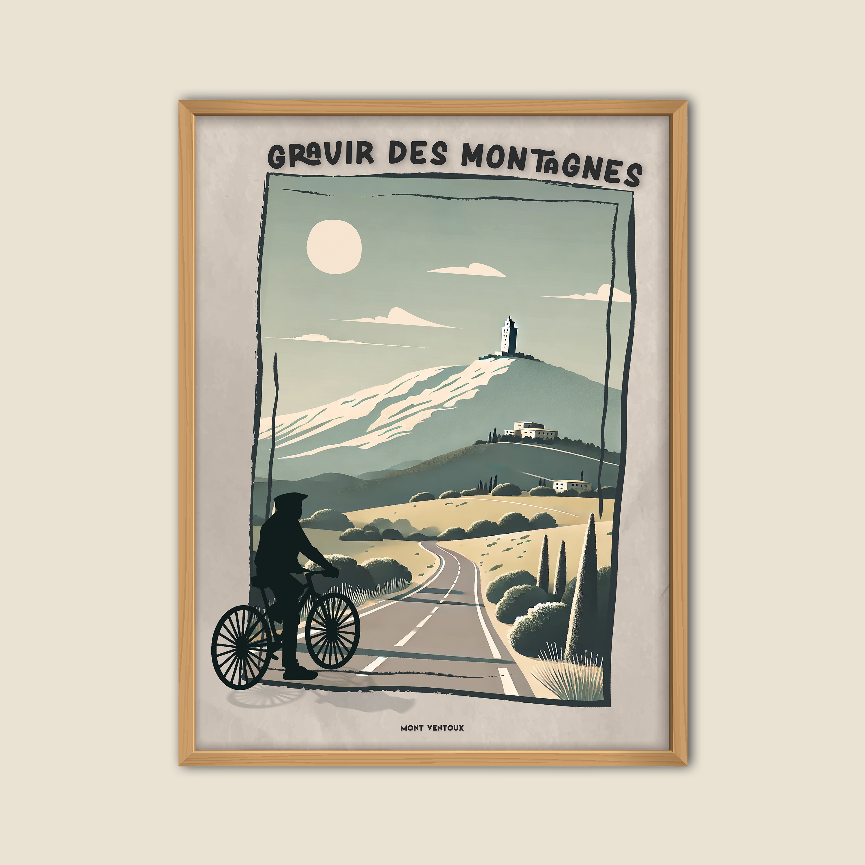Affiche vintage Mont Ventoux, illustration cycliste gravissant une route de montagne provençale sous le soleil, décoration murale sport et nature, style rétro paysage français.