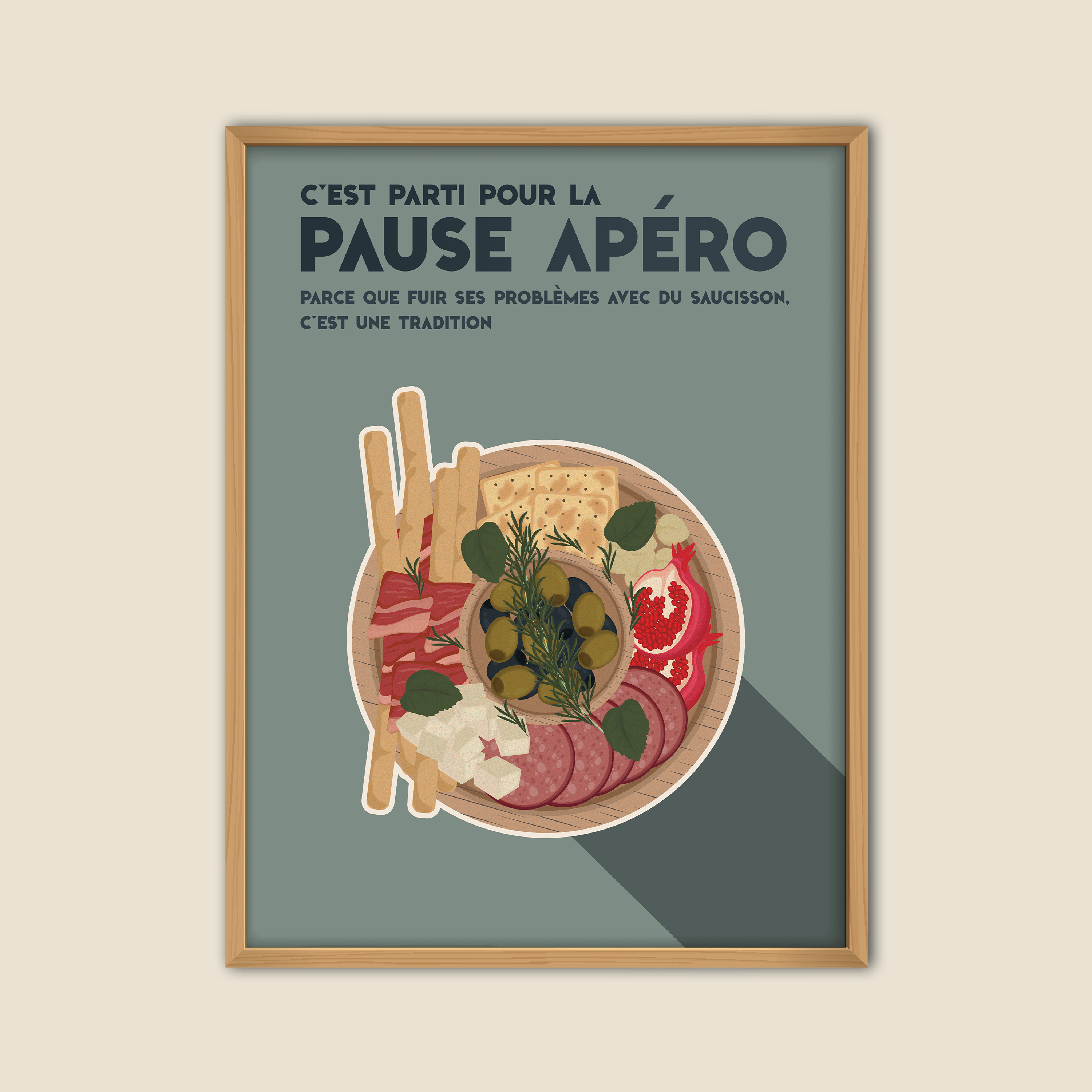Affiche humoristique décorative représentant une planche apéro avec saucisson, olives, fromage, gressins et charcuterie sur fond vert, avec texte "C’est parti pour la pause apéro", idéale pour cuisine ou salon.