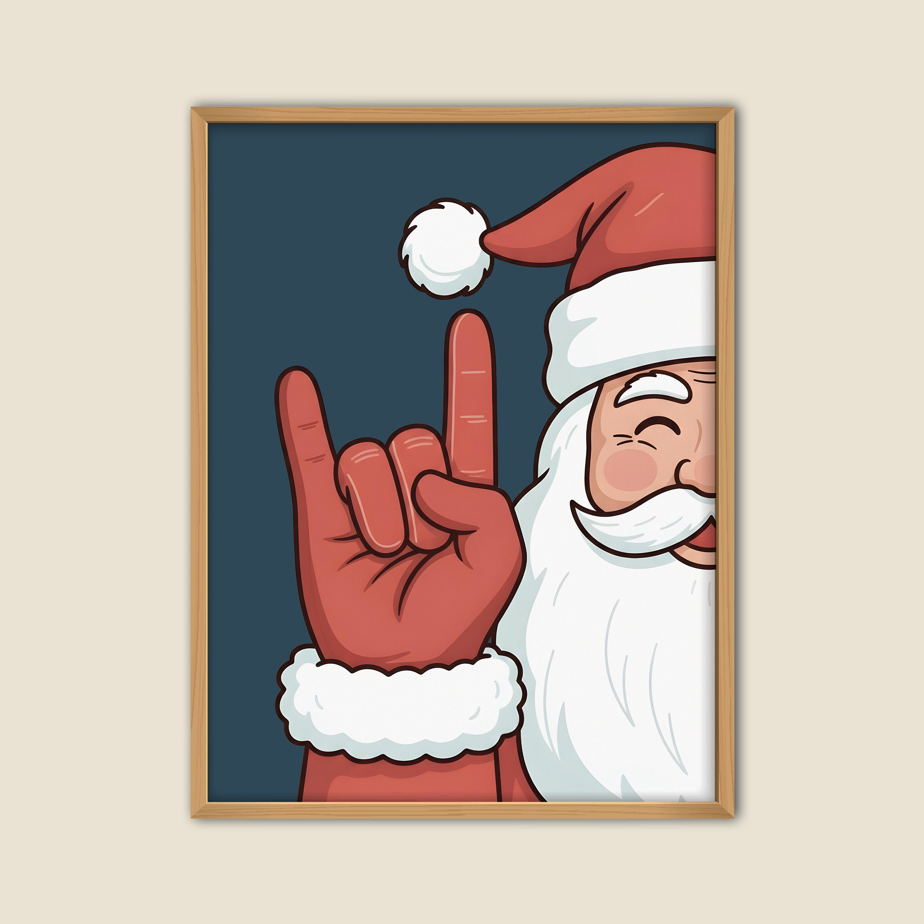 Illustration festive de Père Noël faisant le signe des cornes "rock on" avec la main, portant son traditionnel bonnet rouge et costume, sur fond bleu foncé – image humoristique et originale de Noël pour décoration murale ou carte de vœux.
