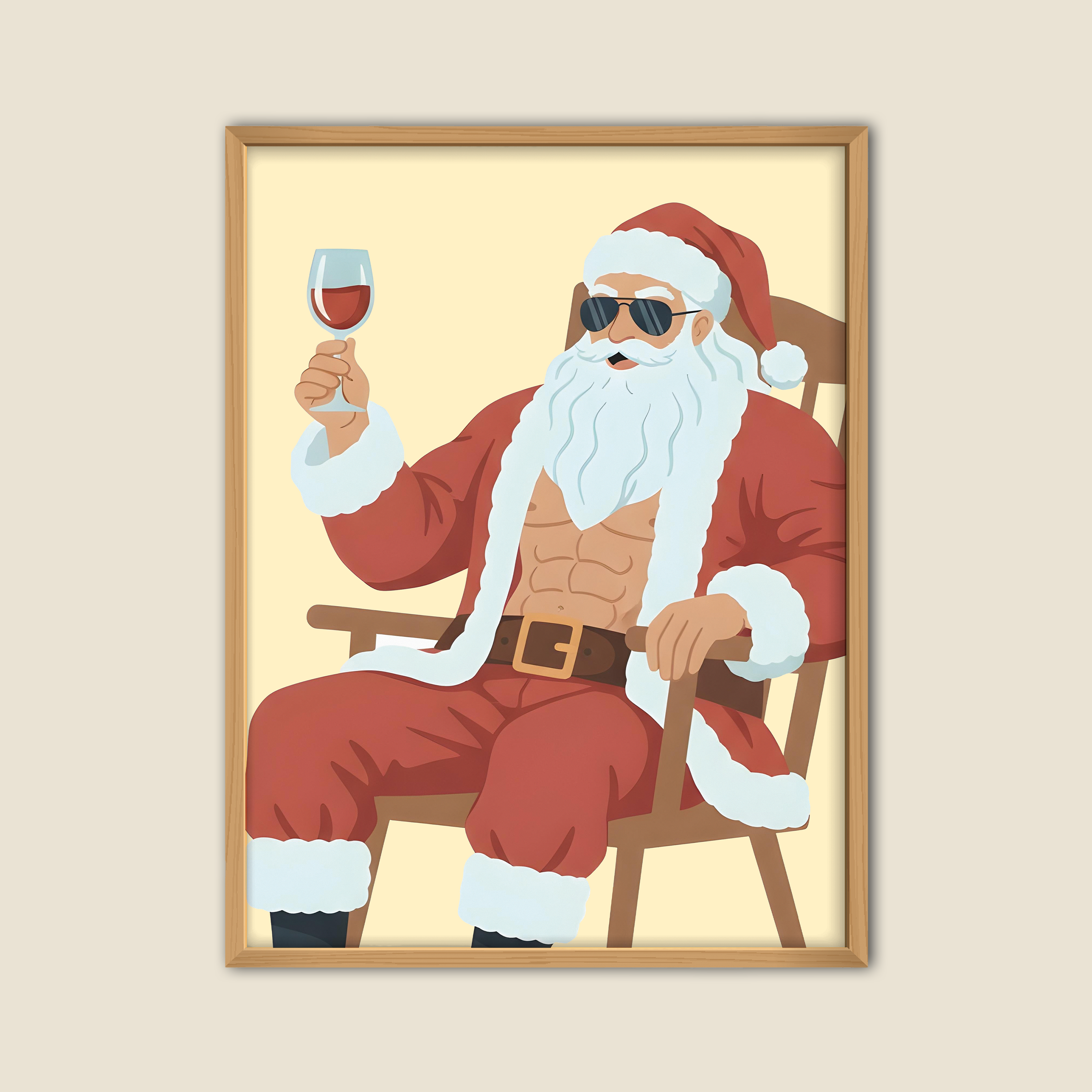 Père Noël musclé assis sur une chaise, portant un costume rouge traditionnel et des lunettes de soleil, tenant un verre de vin rouge à la main – illustration humoristique et moderne pour décoration murale de Noël.