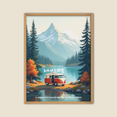 Affiche décoration murale van life vintage avec combi Volkswagen rouge et blanc garé au bord d’un lac, face à une montagne enneigée et entouré de pins et d’arbres aux couleurs automnales, style illustration voyage et aventure, citation "La destination importe peu, seul le voyage compte".