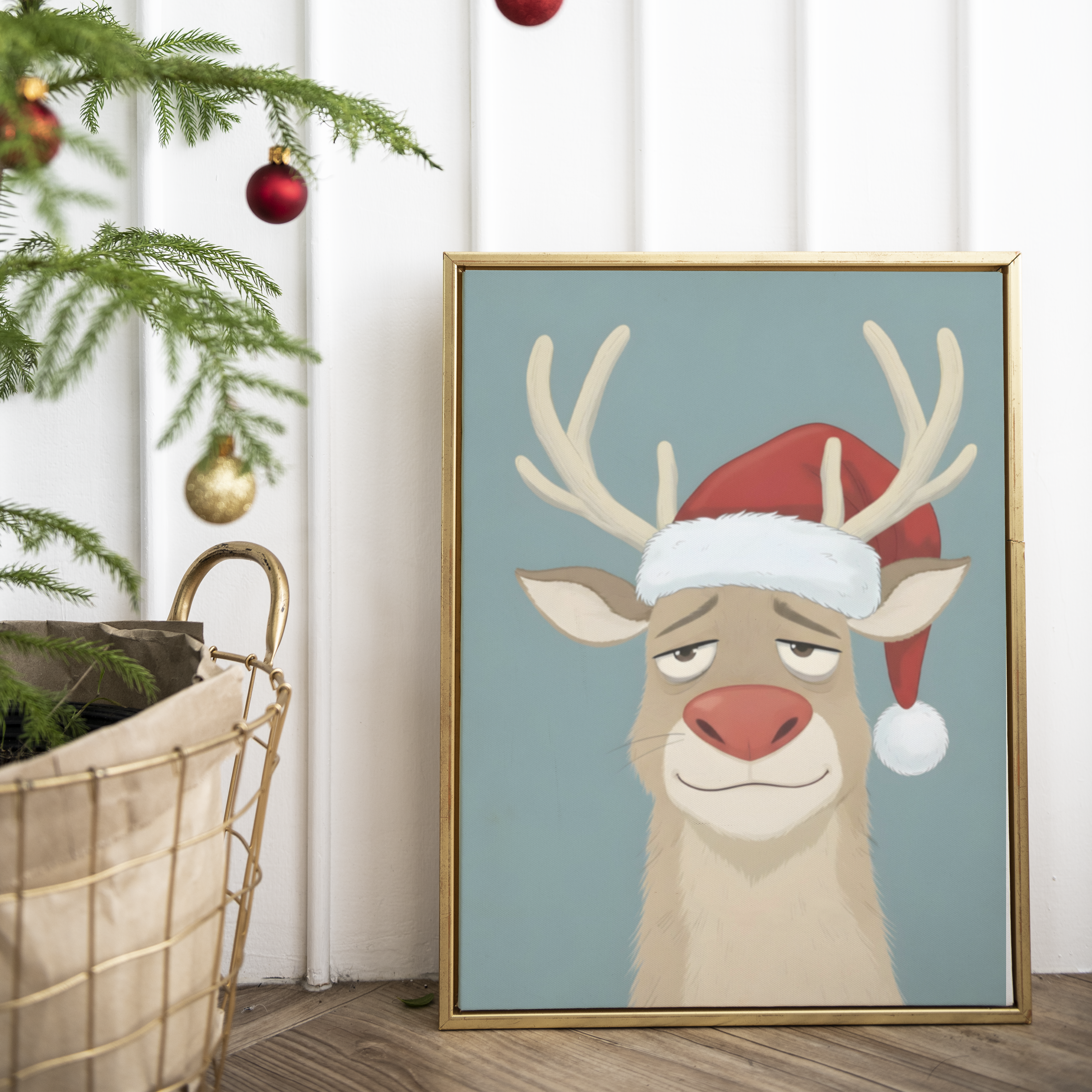 Illustration d’un renne de Noël portant un bonnet rouge avec bordure blanche, affichant une expression blasée ou fatiguée. Fond bleu uni, encadré dans un cadre en bois. Image humoristique et festive parfaite pour les décorations ou cartes de vœux de Noël.