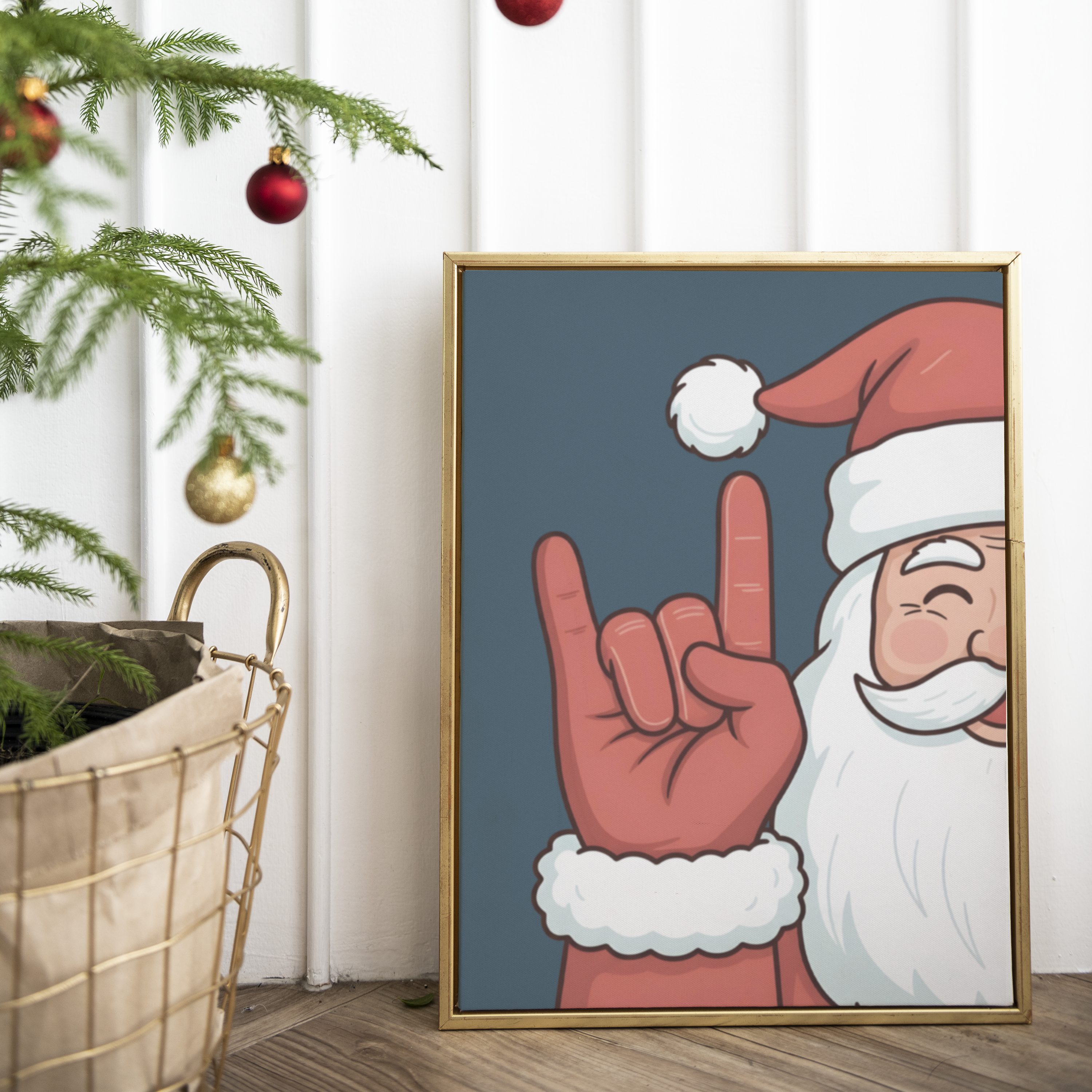 Illustration festive de Père Noël faisant le signe des cornes "rock on" avec la main, portant son traditionnel bonnet rouge et costume, sur fond bleu foncé – image humoristique et originale de Noël pour décoration murale ou carte de vœux.