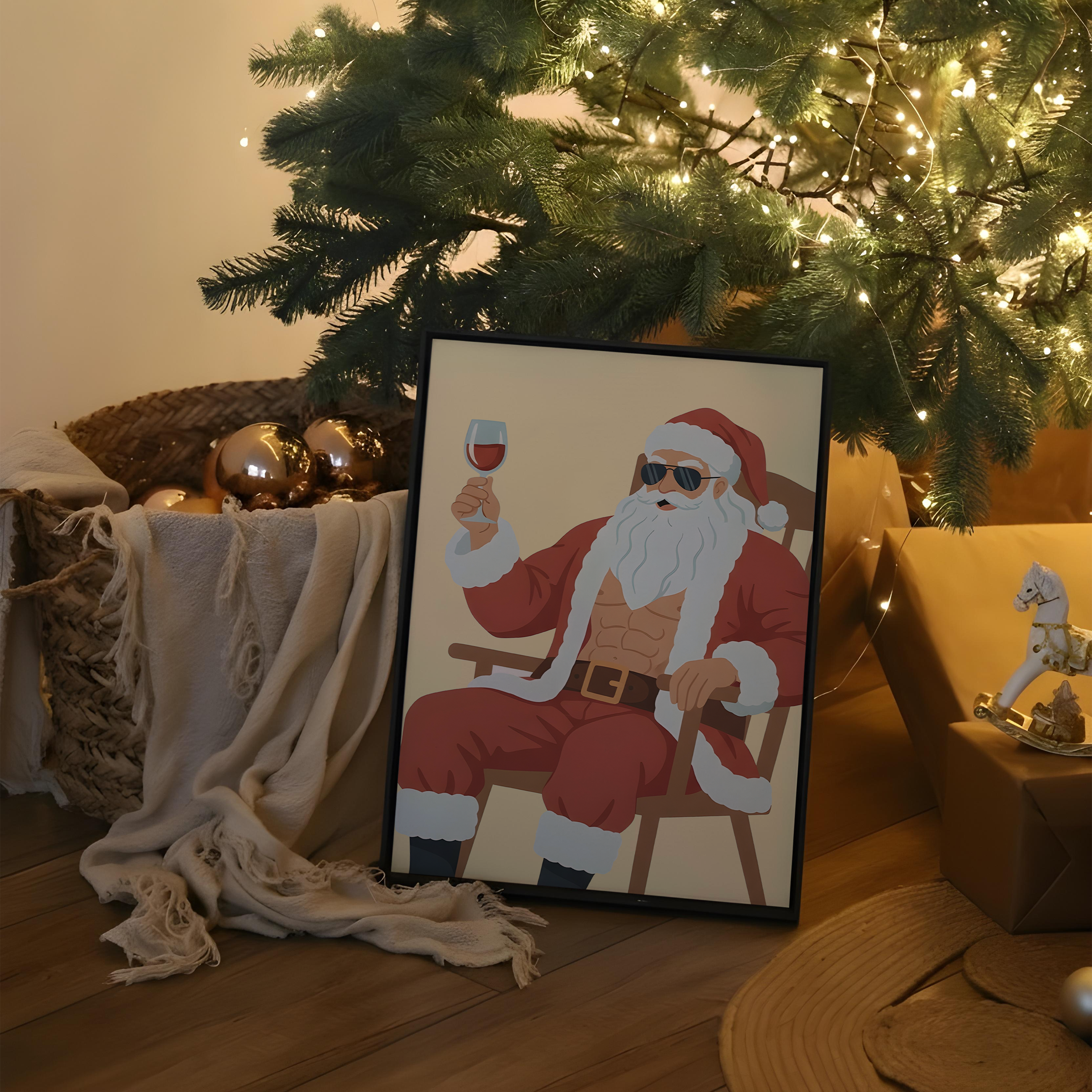 Père Noël musclé assis sur une chaise, portant un costume rouge traditionnel et des lunettes de soleil, tenant un verre de vin rouge à la main – illustration humoristique et moderne pour décoration murale de Noël.