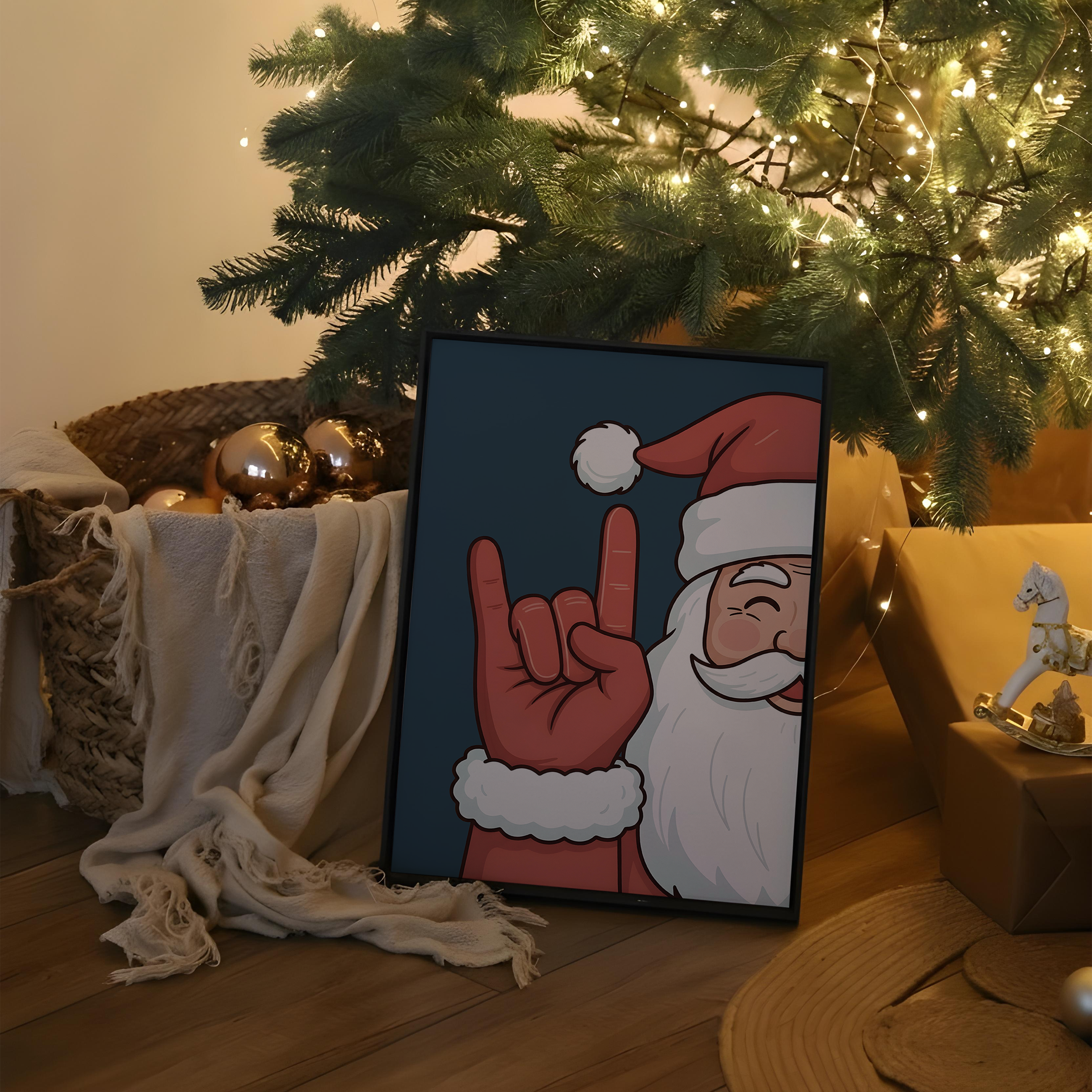 Illustration festive de Père Noël faisant le signe des cornes "rock on" avec la main, portant son traditionnel bonnet rouge et costume, sur fond bleu foncé – image humoristique et originale de Noël pour décoration murale ou carte de vœux.