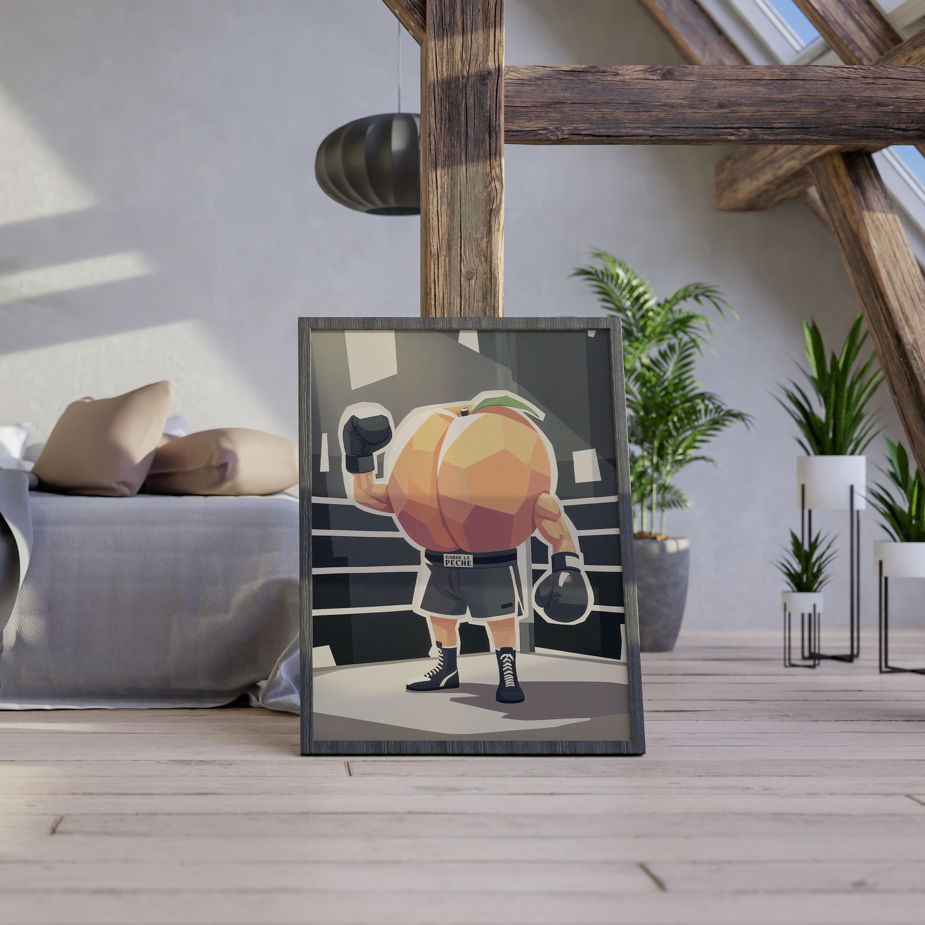 Affiche humoristique décorative représentant une pêche en boxeur avec gants et short marqué Garde la Pêche, illustration originale style cartoon pour décoration murale cuisine salon ou salle de sport.