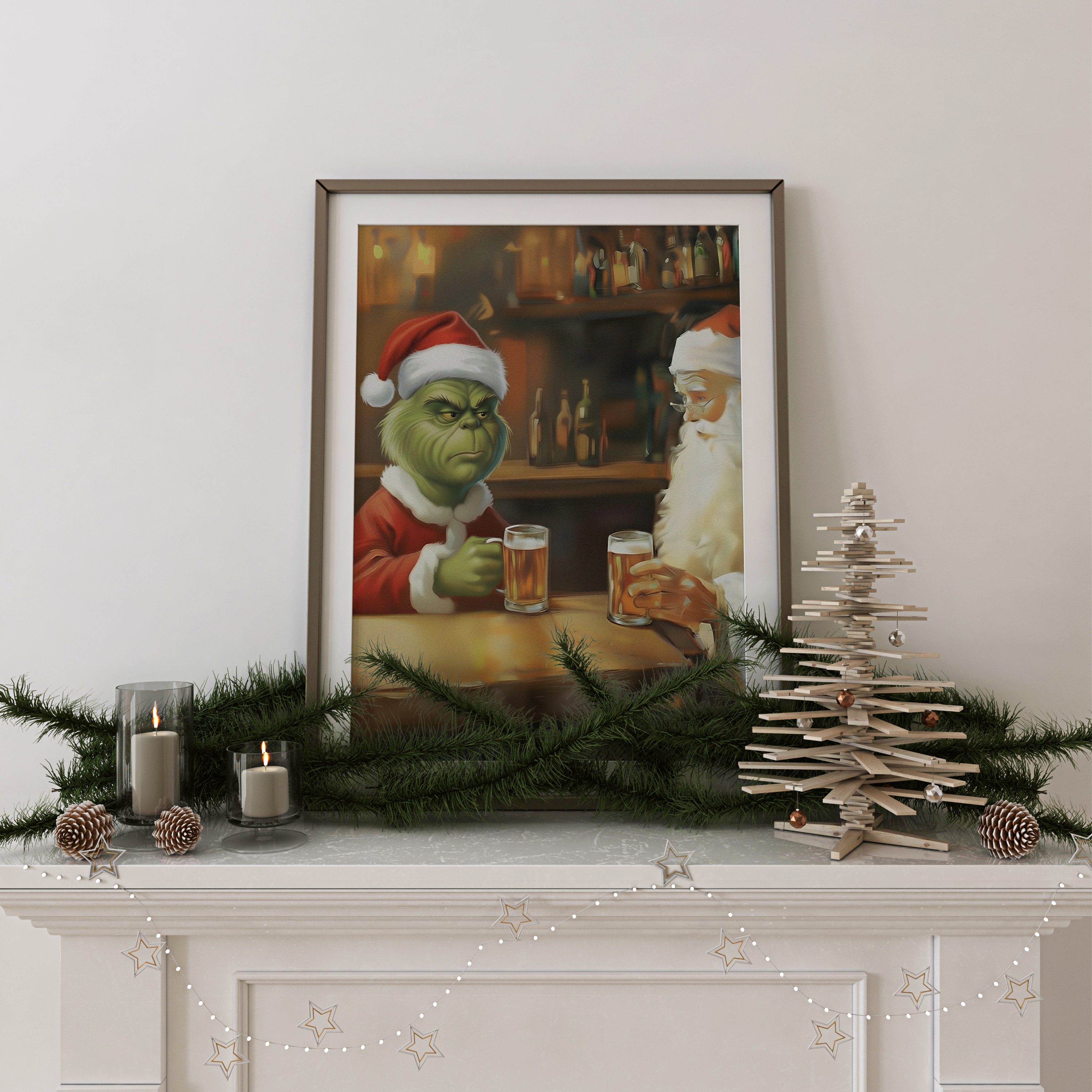 Affiche humoristique de Noël représentant le Père Noël et le Grinch partageant une bière dans un bar, ambiance festive et décalée, illustration originale pour décoration murale hivernale