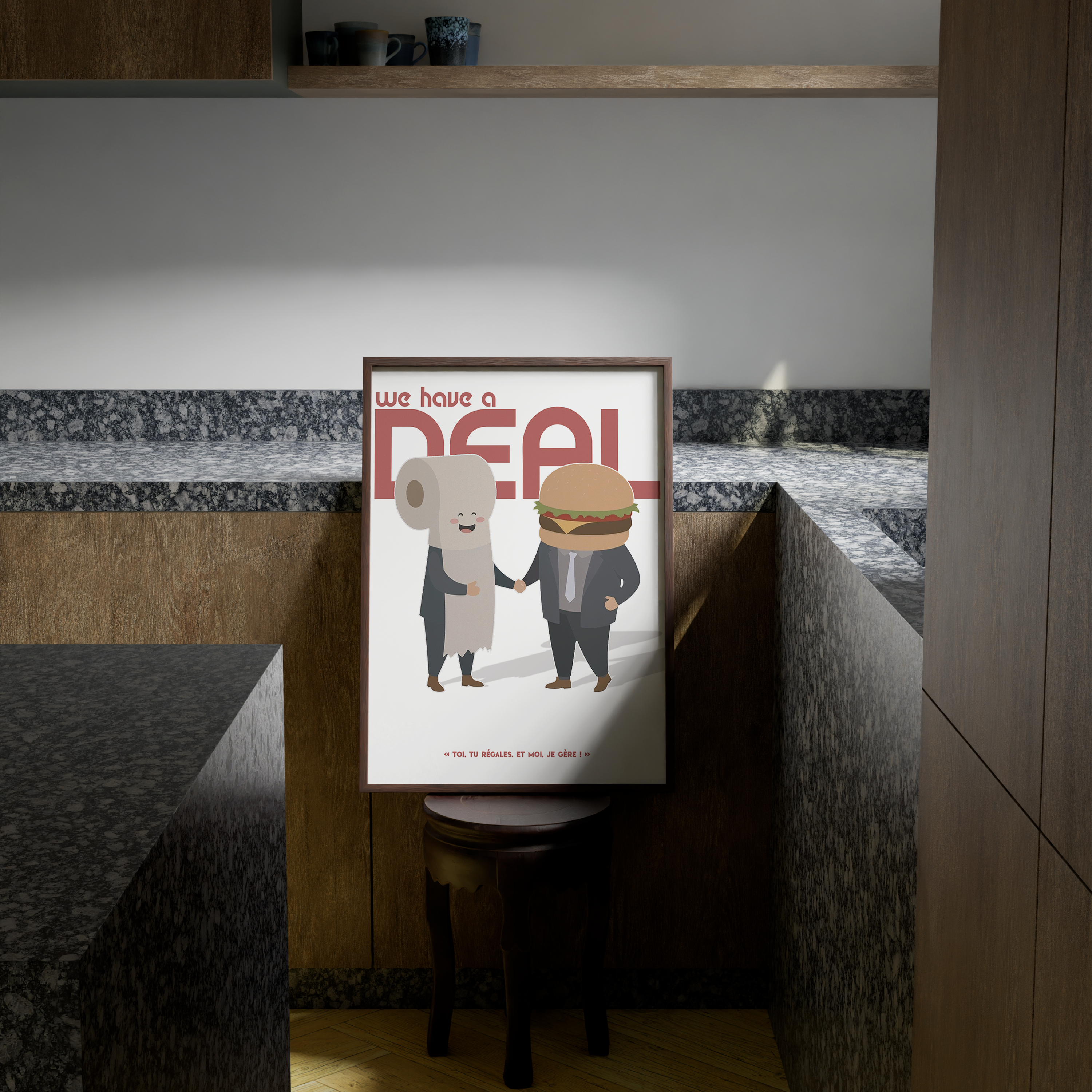 Affiche humoristique représentant un hamburger en costume serrant la main d’un rouleau de papier toilette en costume, avec l’inscription “We have a deal” et la phrase « Toi, tu régales. Et moi, je gère ! », décoration murale décalée pour toilettes , salle de bain ou cuisine.