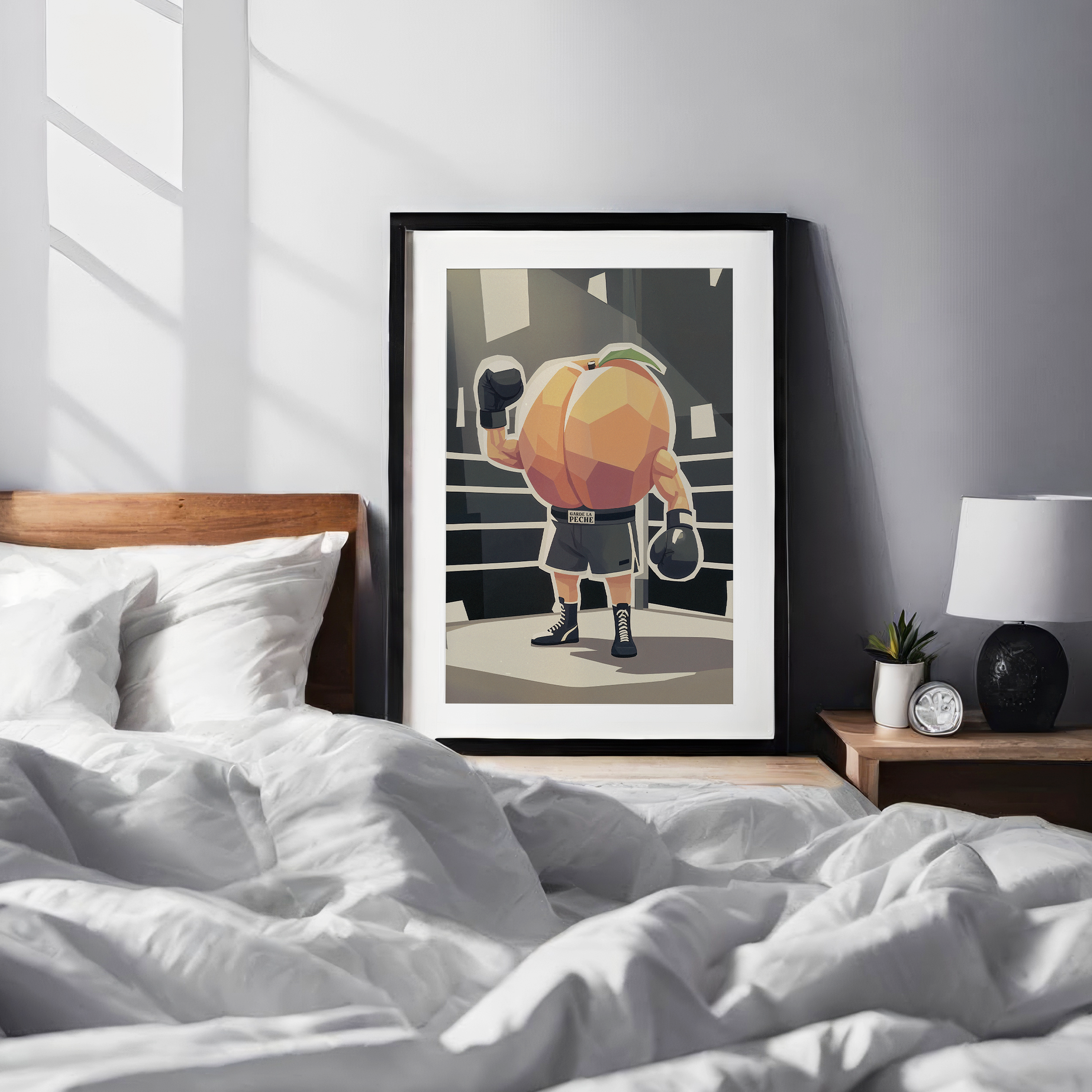 Affiche humoristique décorative représentant une pêche en boxeur avec gants et short marqué Garde la Pêche, illustration originale style cartoon pour décoration murale cuisine salon ou salle de sport.