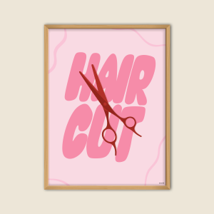 Affiche design HAIRCUT pour salon de coiffure avec ciseaux rouges sur fond rose illustration originale pour coiffeurs coiffeuses