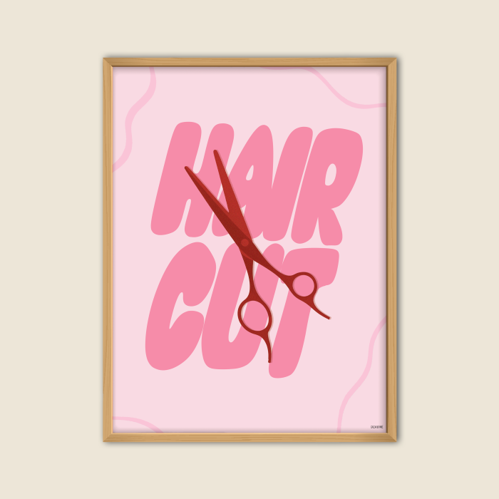Affiche design HAIRCUT pour salon de coiffure avec ciseaux rouges sur fond rose illustration originale pour coiffeurs coiffeuses