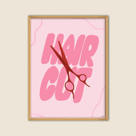 Affiche design HAIRCUT pour salon de coiffure avec ciseaux rouges sur fond rose illustration originale pour coiffeurs coiffeuses