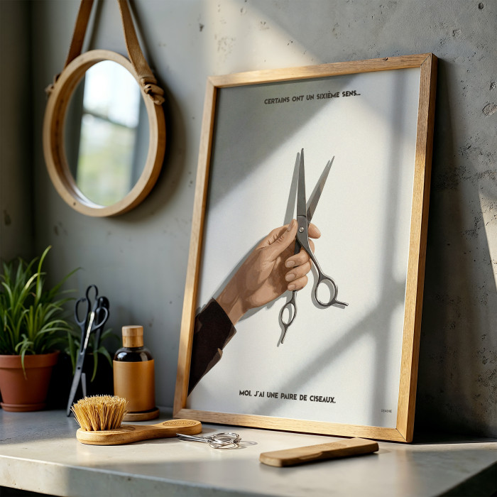 Affiche pour coiffeur avec une illustration stylisée et une citation drôle parfaite pour décorer un salon de coiffure