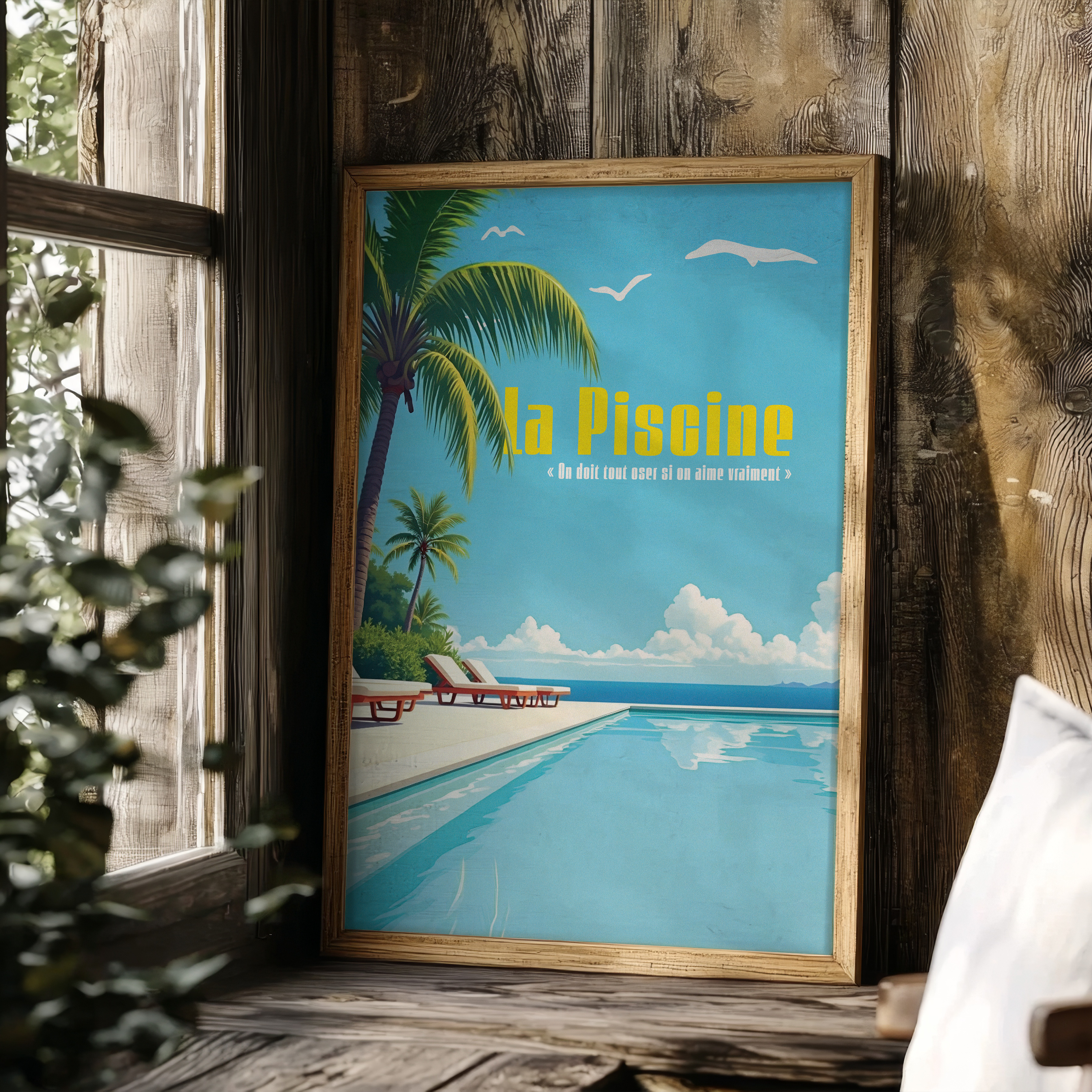 Affiche murale inspirée du film "La Piscine" avec Alain Delon, décor rétro chic autour d’une piscine turquoise, transats sous les palmiers, ciel bleu et ambiance estivale en bord de mer, citation romantique en jaune.