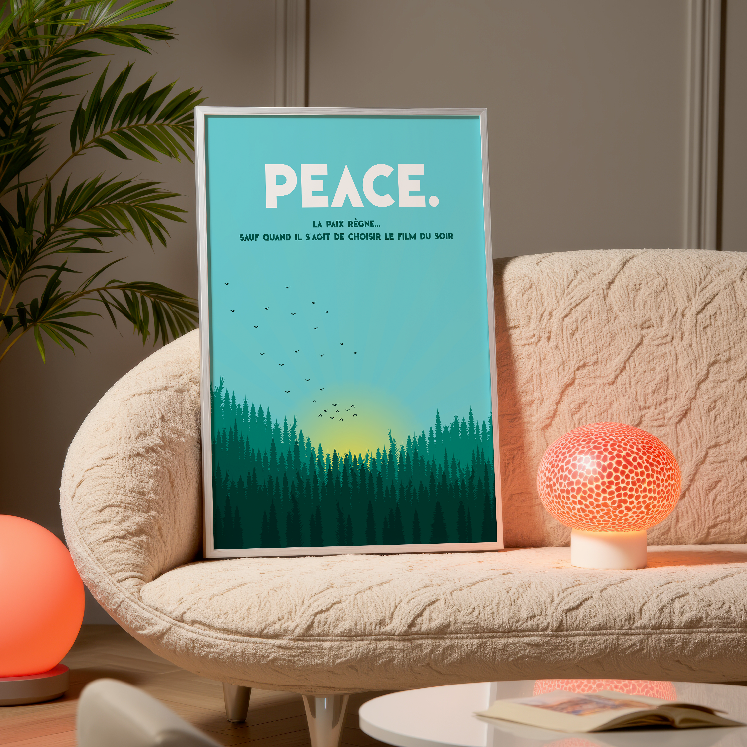 Affiche murale déco avec citation humoristique “PEACE. La paix règne… sauf quand il s’agit de choisir le film du soir”, illustration minimaliste de coucher de soleil derrière une forêt de pins, style moderne et apaisant, idéale pour salon, chambre ou bureau.