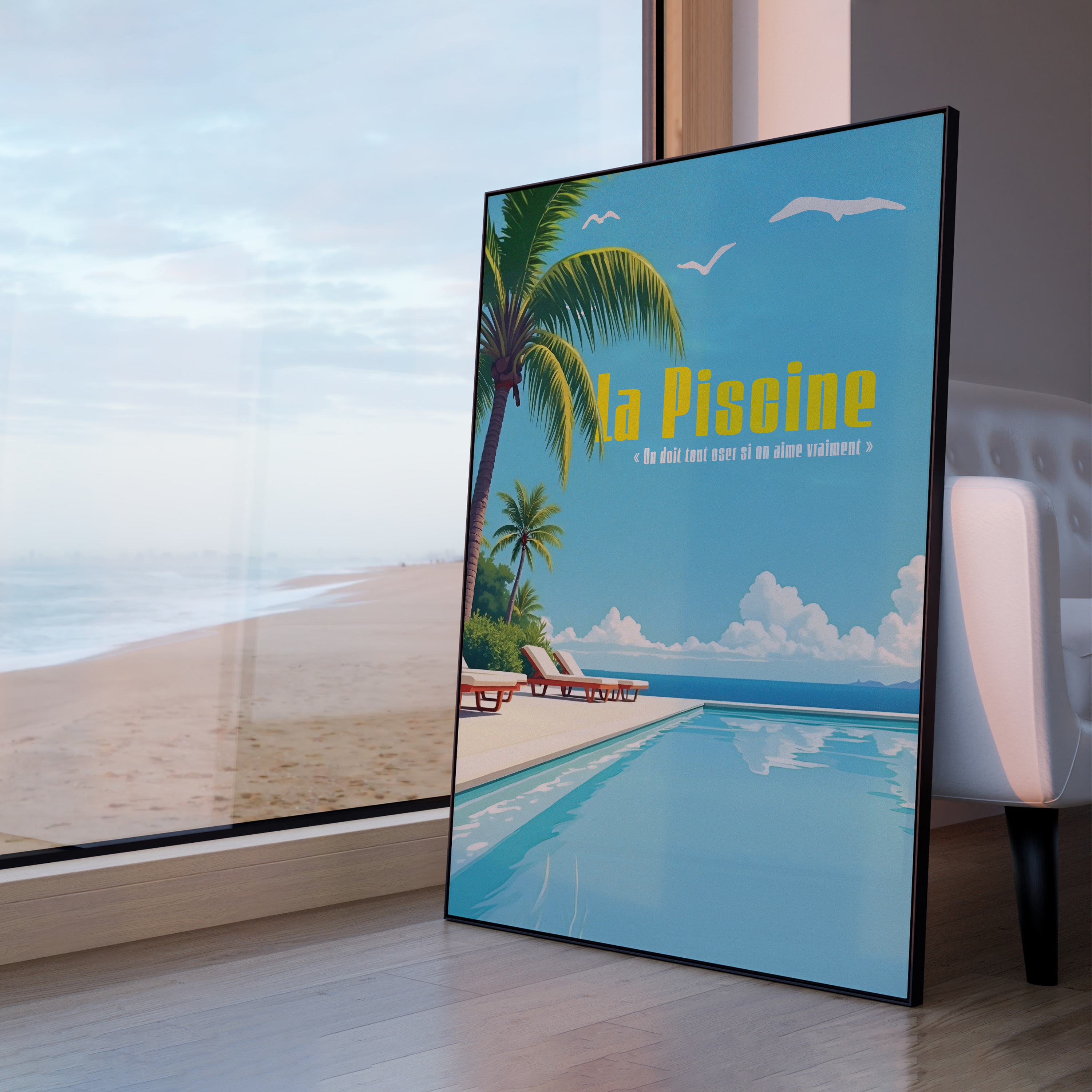 Affiche murale inspirée du film "La Piscine" avec Alain Delon, décor rétro chic autour d’une piscine turquoise, transats sous les palmiers, ciel bleu et ambiance estivale en bord de mer, citation romantique en jaune.