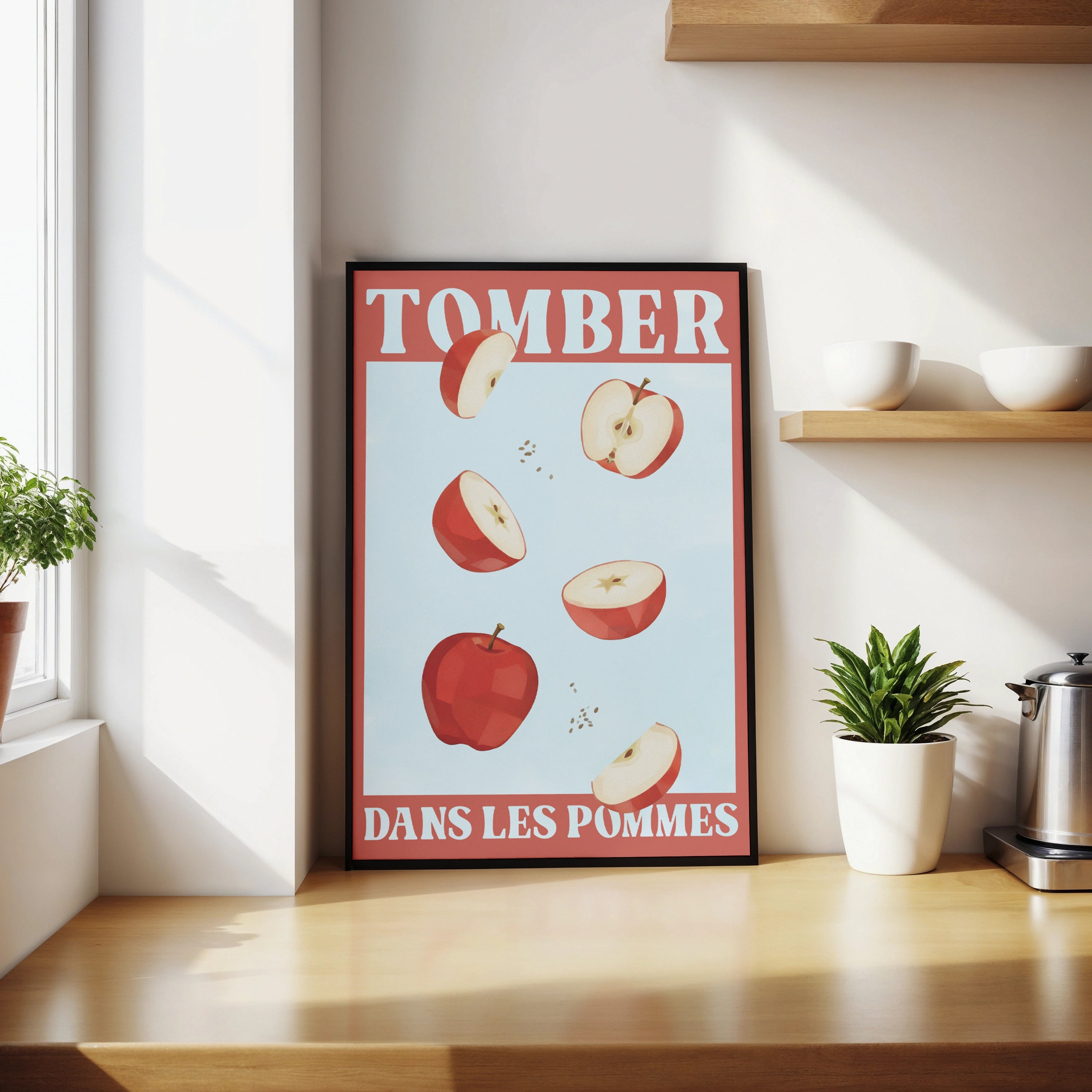 Affiche illustrée avec des pommes rouges en chute libre, accompagnée du texte français 'Tomber dans les pommes', une expression idiomatique signifiant s’évanouir. Illustration humoristique sur fond bleu clair, encadrée de rouge, parfaite pour une décoration murale ou une communication visuelle en lien avec la langue française ou les expressions idiomatiques.