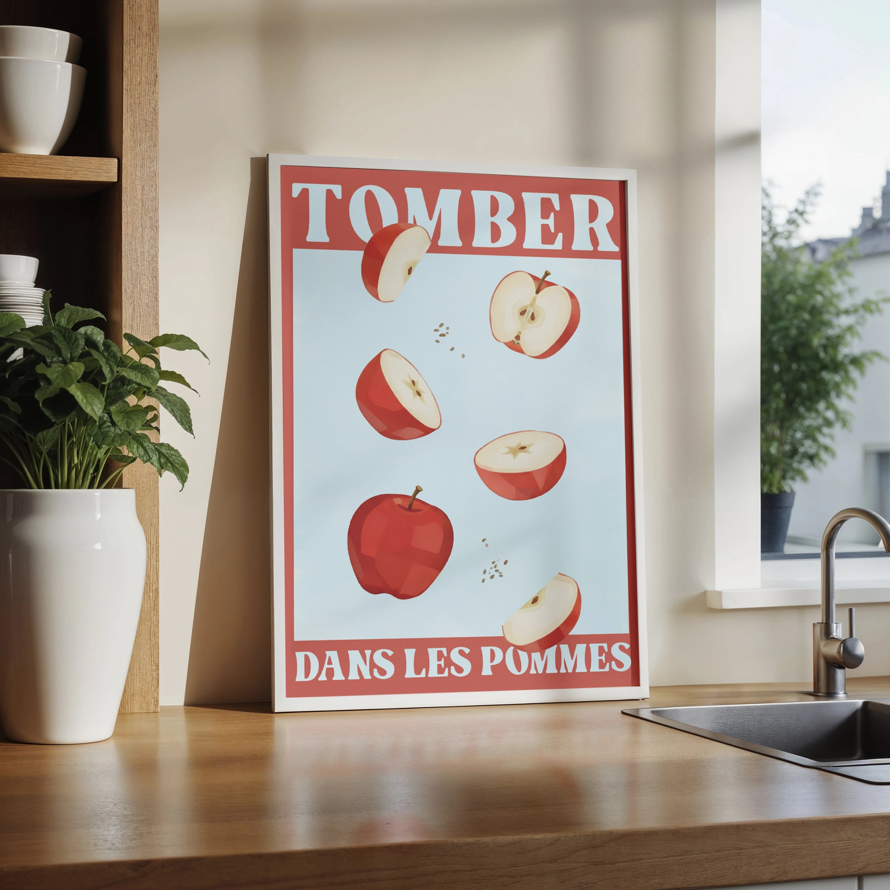 Affiche illustrée avec des pommes rouges en chute libre, accompagnée du texte français 'Tomber dans les pommes', une expression idiomatique signifiant s’évanouir. Illustration humoristique sur fond bleu clair, encadrée de rouge, parfaite pour une décoration murale ou une communication visuelle en lien avec la langue française ou les expressions idiomatiques.