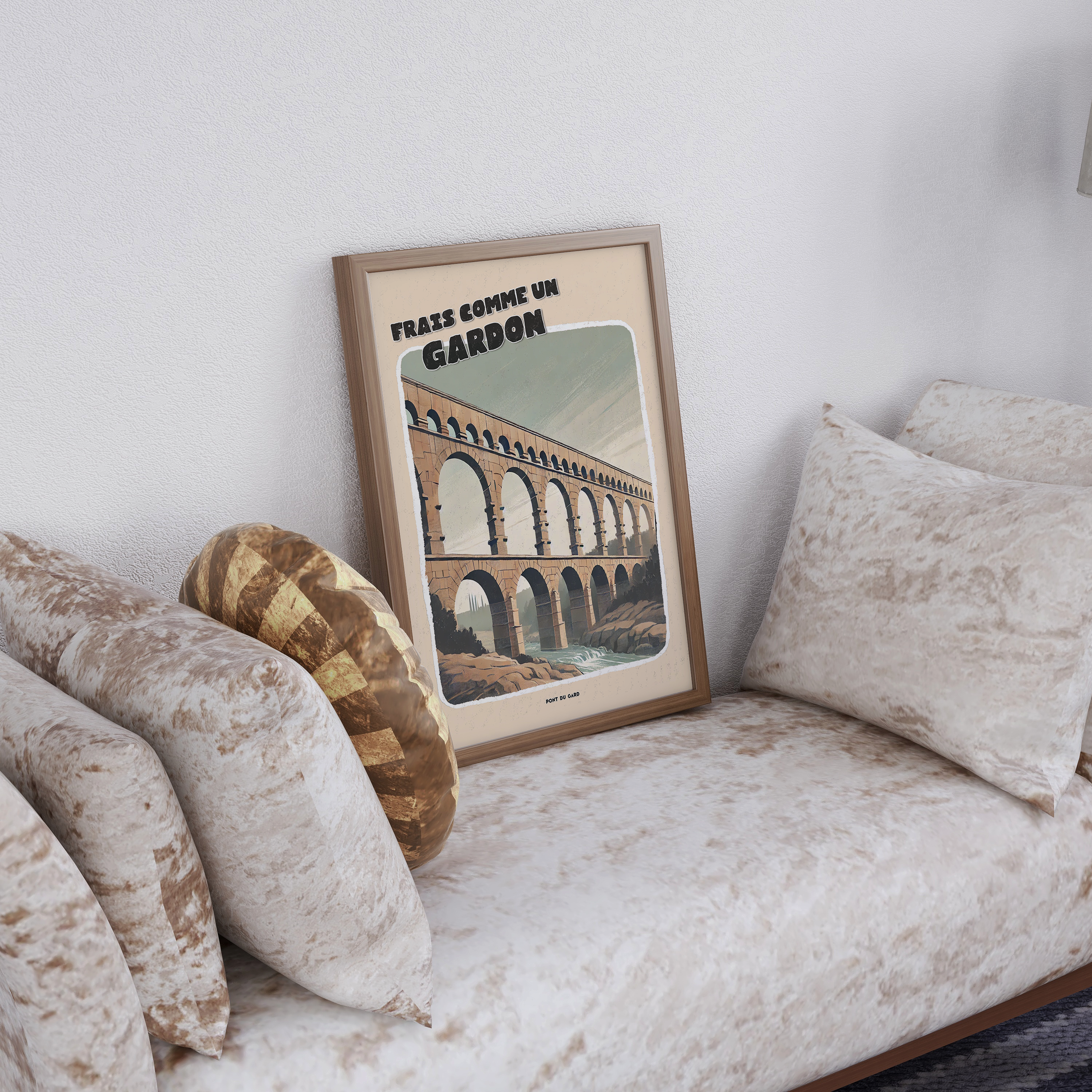 Affiche vintage illustrée du Pont du Gard, aqueduc romain emblématique du sud de la France, avec l’expression humoristique “Frais comme un gardon”, idéale pour décoration murale originale et touristique.