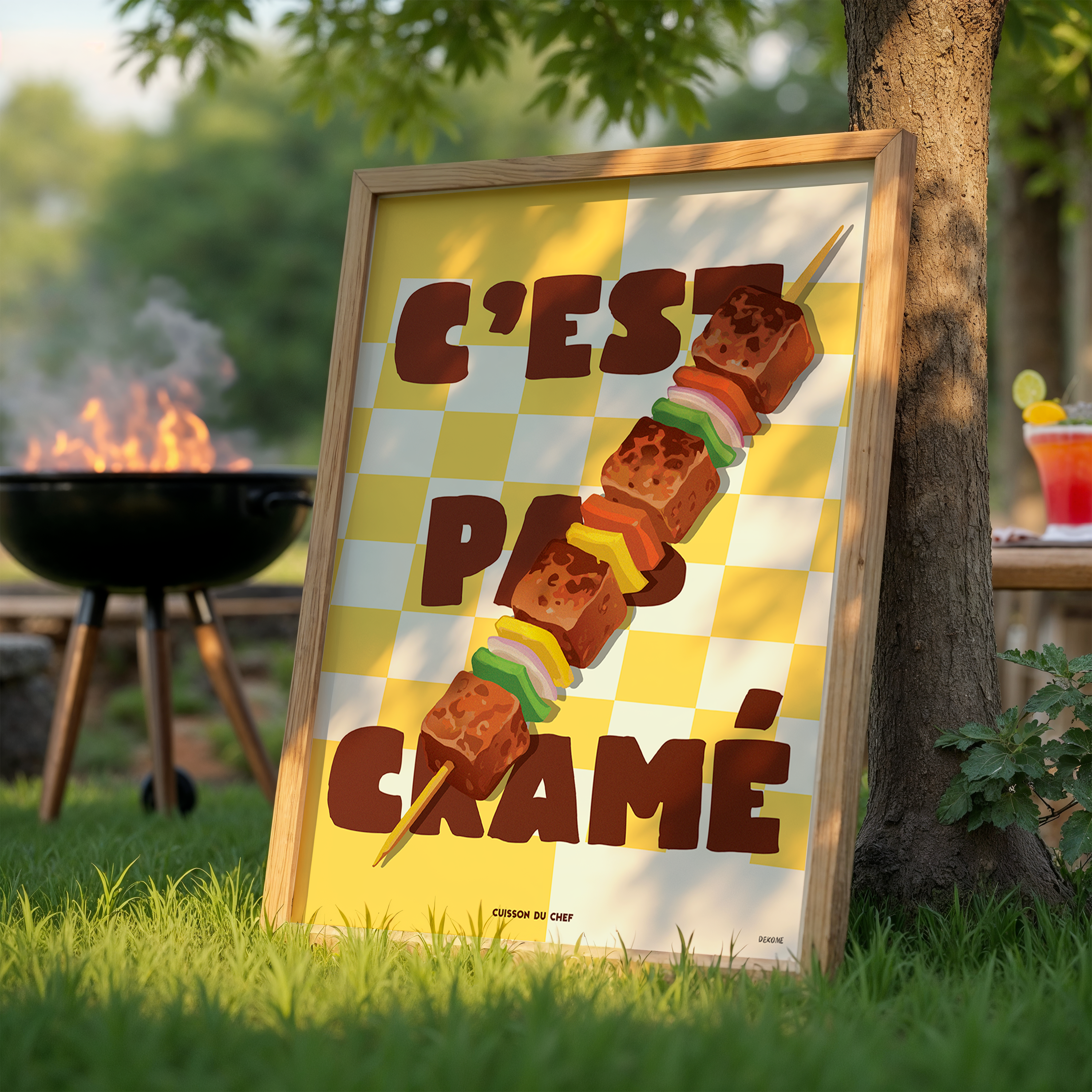Affiche « C’est pas cramé » : brochette de barbecue en diagonale sur damier jaune, typo brune, déco cuisine humoristique.