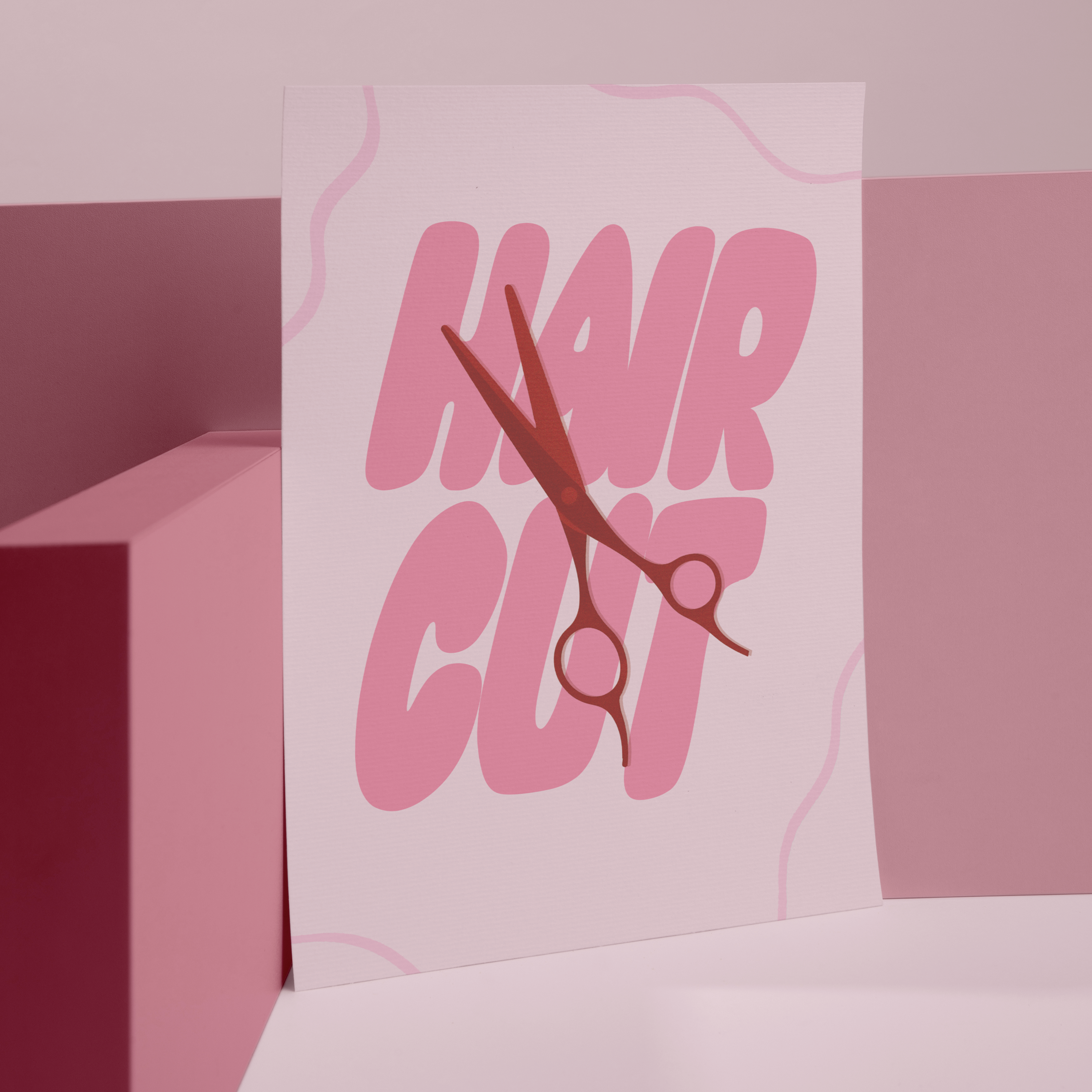 Affiche déco coiffeuse hair cut, illustration humoristique avec paire de ciseaux rouges croisés sur fond rose et typographie audacieuse, idée cadeau originale pour salon de coiffure, décoration murale moderne et design pop.