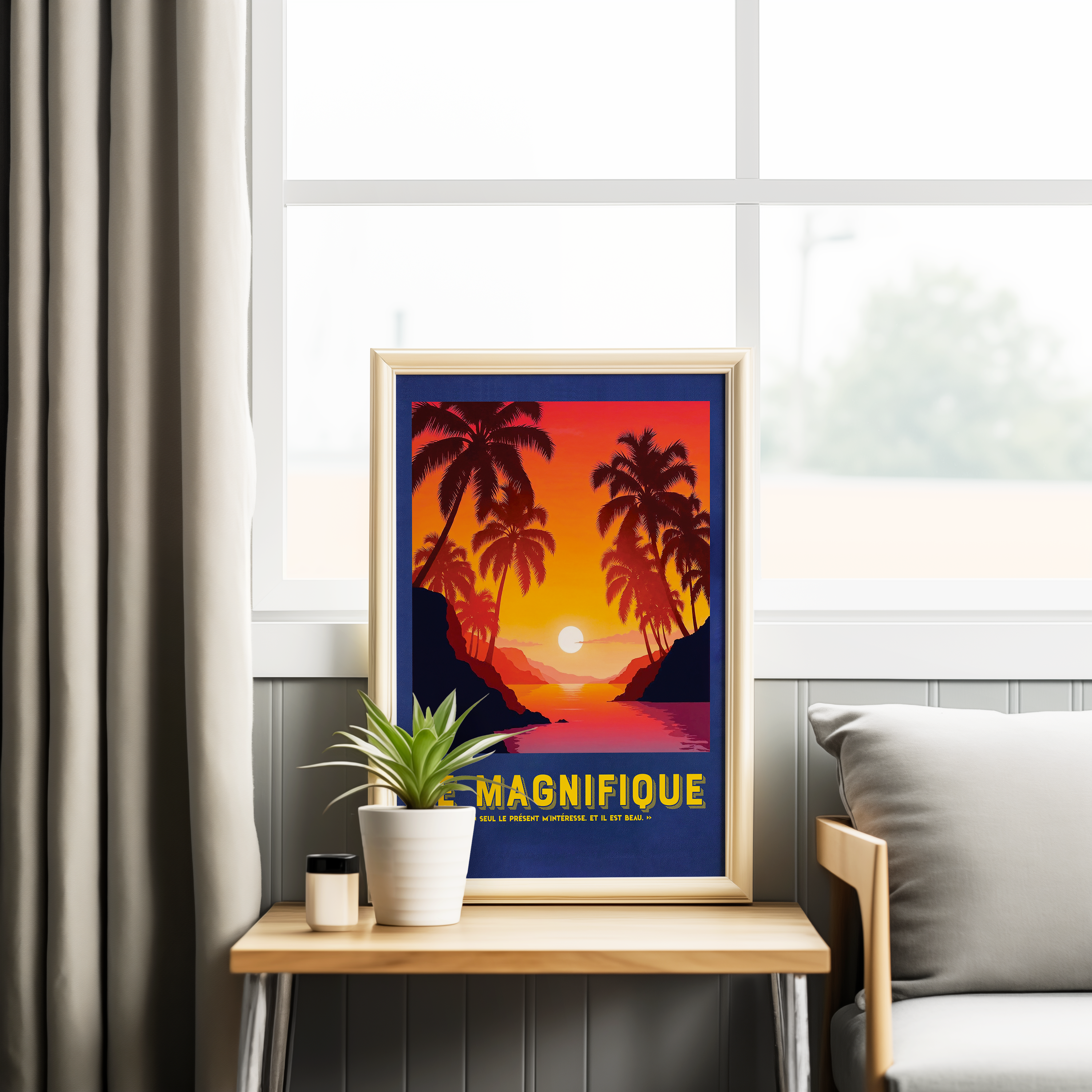 Affiche décorative Le Magnifique avec coucher de soleil tropical, palmiers noirs en silhouette et ciel dégradé orange-rouge, style vintage rétro, citation « Seul le présent m’intéresse, et il est beau », illustration murale colorée encadrée bois pour décoration intérieure.