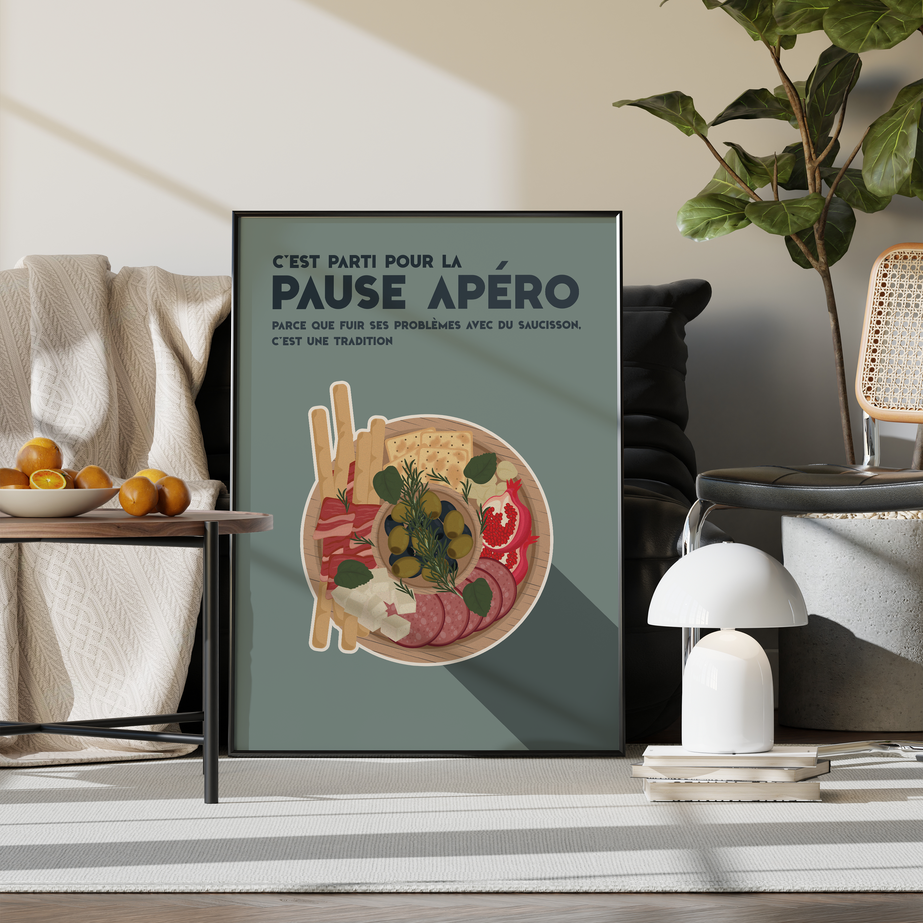 Affiche humoristique décorative représentant une planche apéro avec saucisson, olives, fromage, gressins et charcuterie sur fond vert, avec texte "C’est parti pour la pause apéro", idéale pour cuisine ou salon.