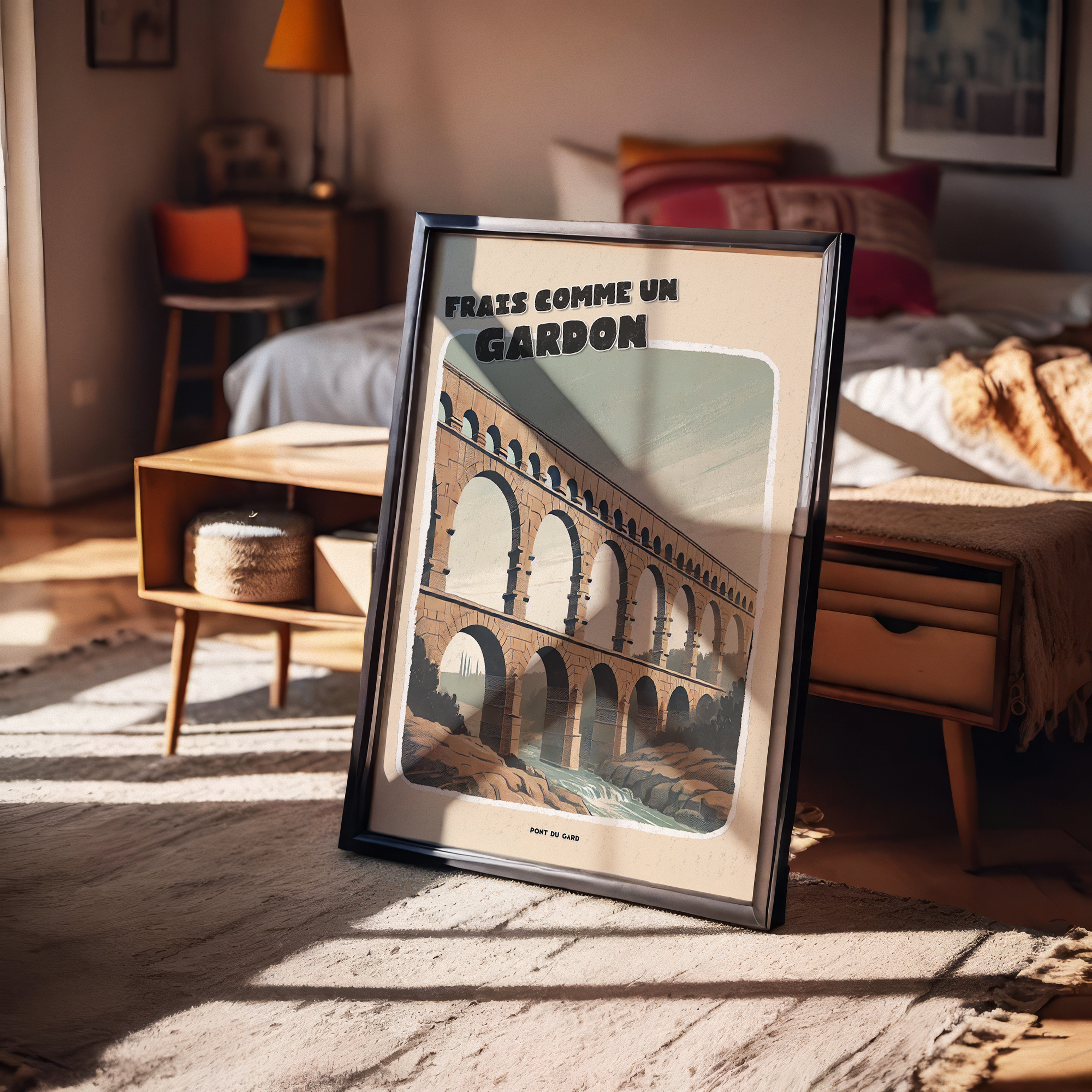 Affiche vintage illustrée du Pont du Gard, aqueduc romain emblématique du sud de la France, avec l’expression humoristique “Frais comme un gardon”, idéale pour décoration murale originale et touristique.