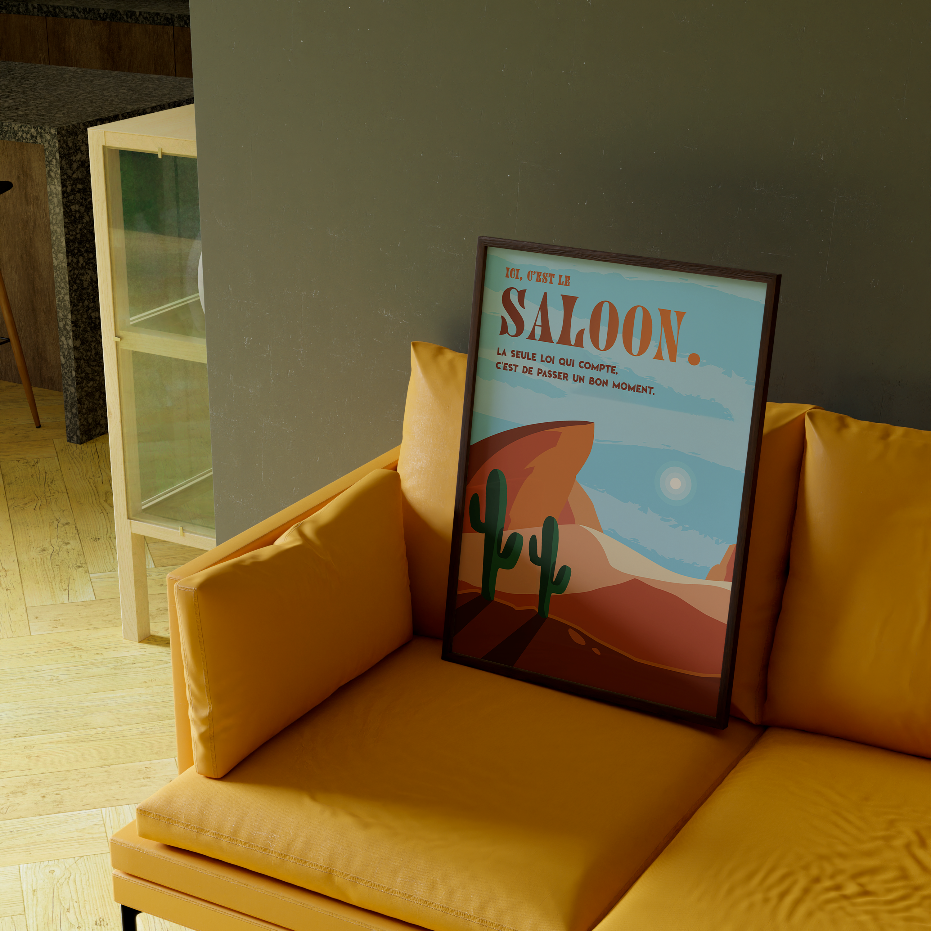 Affiche déco style western avec désert, cactus et rochers rouges, inscription “Ici, c’est le saloon. La seule loi qui compte, c’est de passer un bon moment.”, décoration murale vintage Far West pour salon, bar, bureau ou salle de jeux.