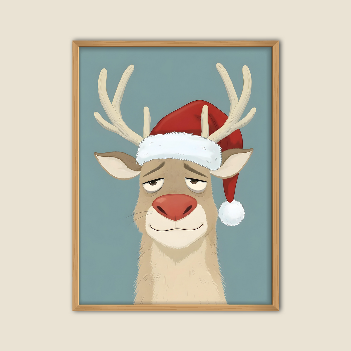 Illustration d’un renne de Noël portant un bonnet rouge avec bordure blanche, affichant une expression blasée ou fatiguée. Fond bleu uni, encadré dans un cadre en bois. Image humoristique et festive parfaite pour les décorations ou cartes de vœux de Noël.