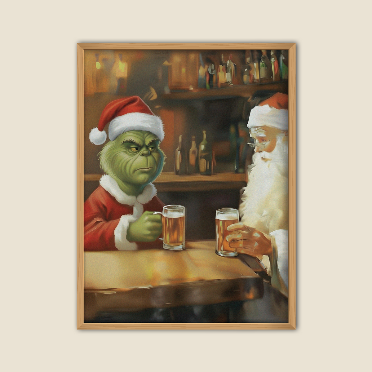 Affiche humoristique de Noël représentant le Père Noël et le Grinch partageant une bière dans un bar, ambiance festive et décalée, illustration originale pour décoration murale hivernale