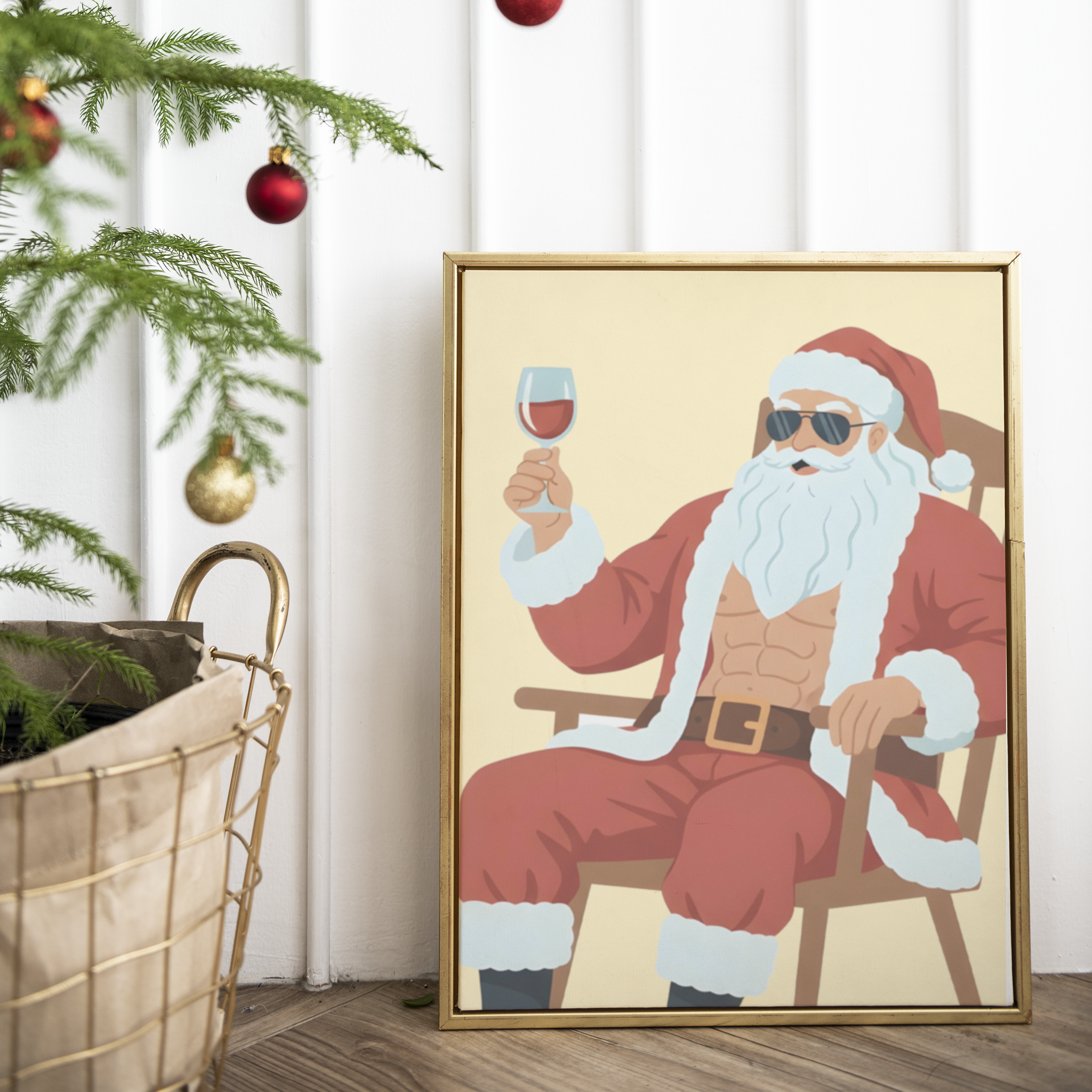 Père Noël musclé assis sur une chaise, portant un costume rouge traditionnel et des lunettes de soleil, tenant un verre de vin rouge à la main – illustration humoristique et moderne pour décoration murale de Noël.