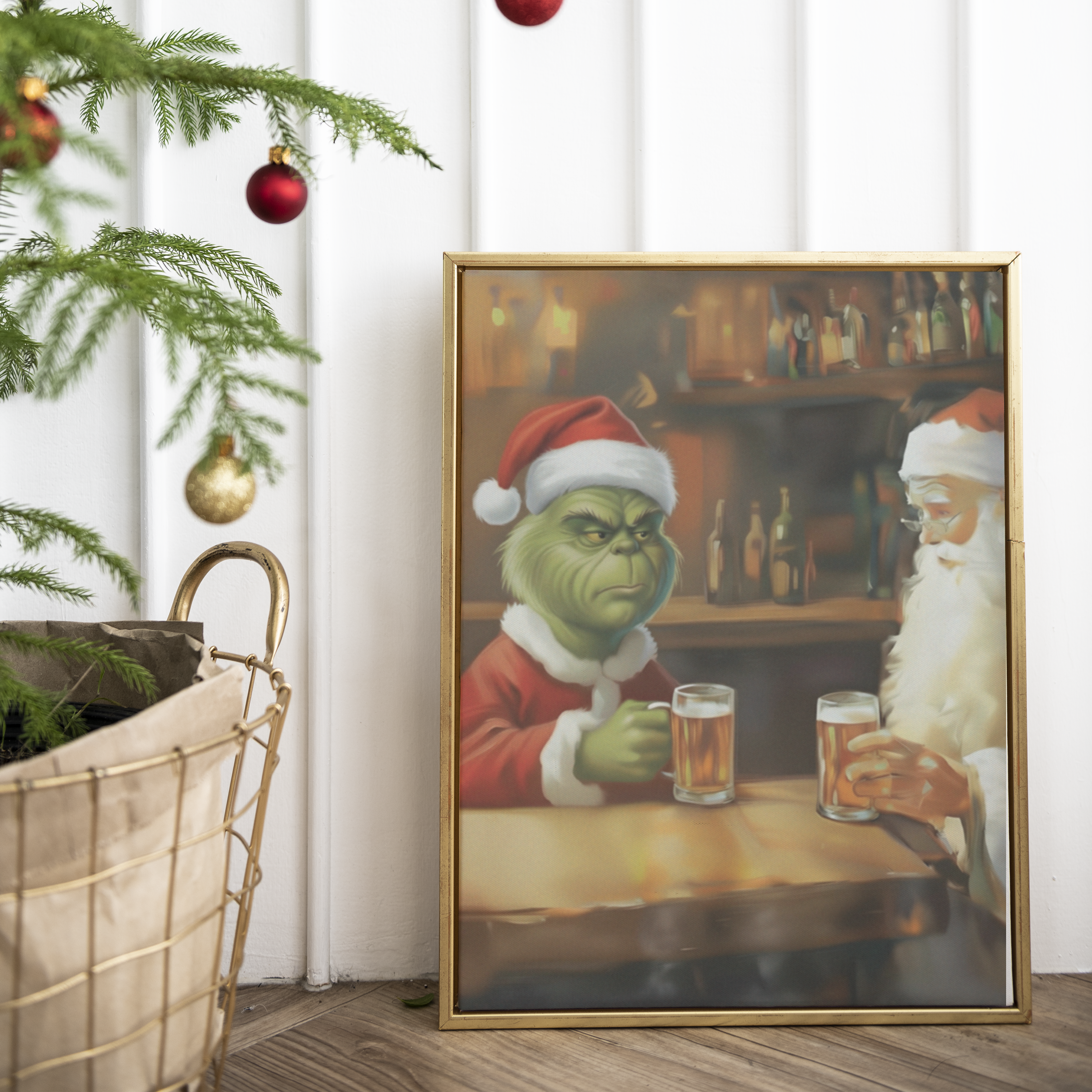 Affiche humoristique de Noël représentant le Père Noël et le Grinch partageant une bière dans un bar, ambiance festive et décalée, illustration originale pour décoration murale hivernale