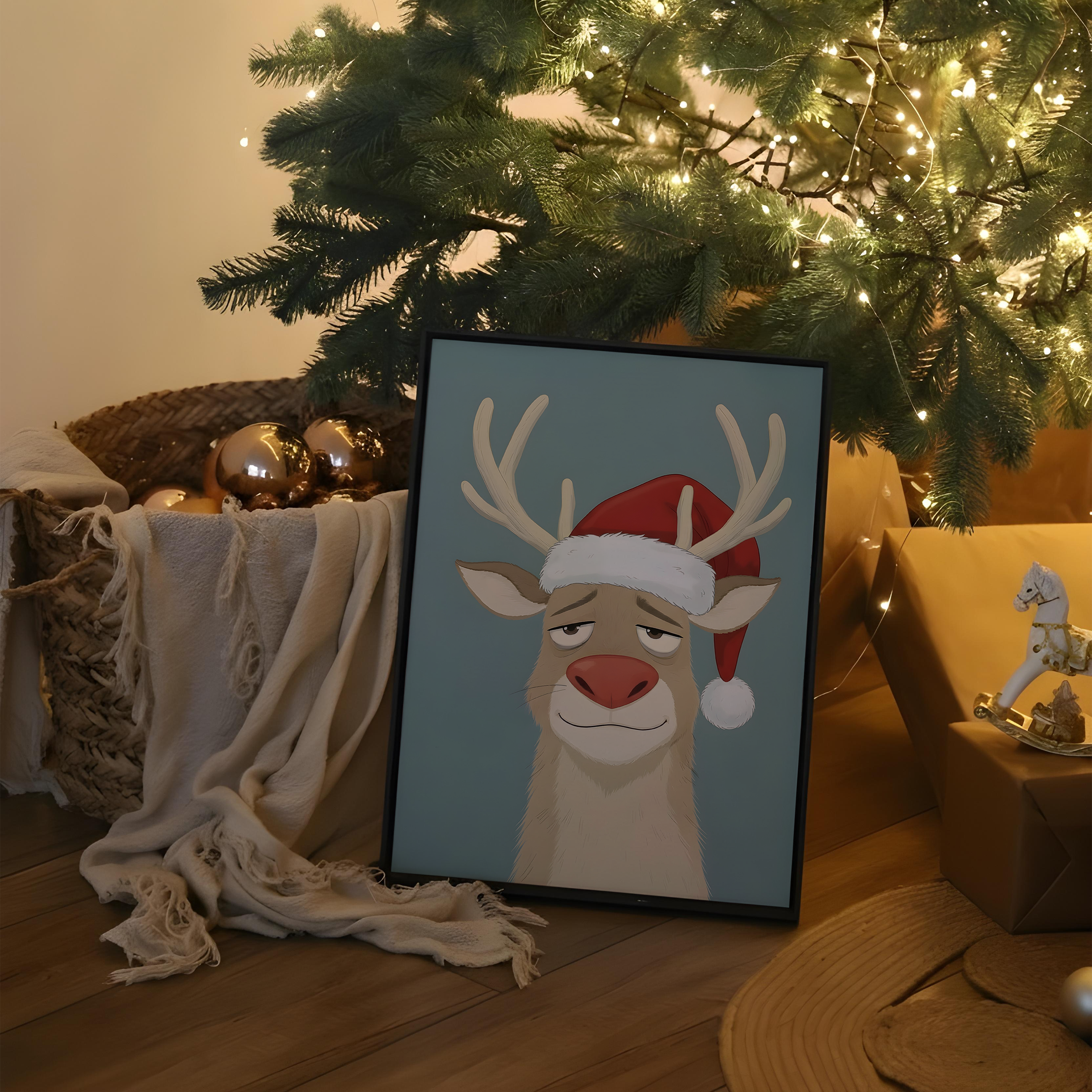 Illustration d’un renne de Noël portant un bonnet rouge avec bordure blanche, affichant une expression blasée ou fatiguée. Fond bleu uni, encadré dans un cadre en bois. Image humoristique et festive parfaite pour les décorations ou cartes de vœux de Noël.