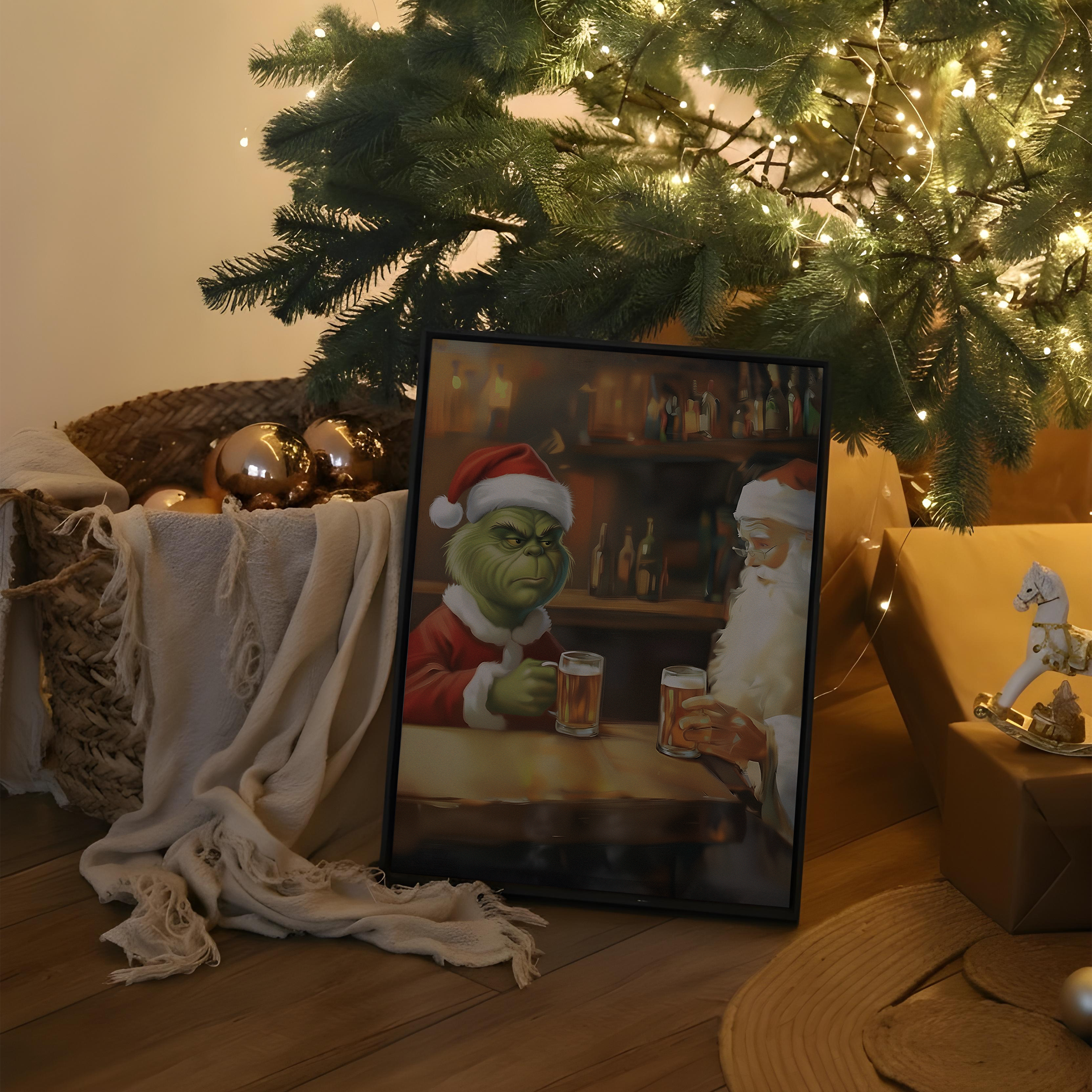 Affiche humoristique de Noël représentant le Père Noël et le Grinch partageant une bière dans un bar, ambiance festive et décalée, illustration originale pour décoration murale hivernale