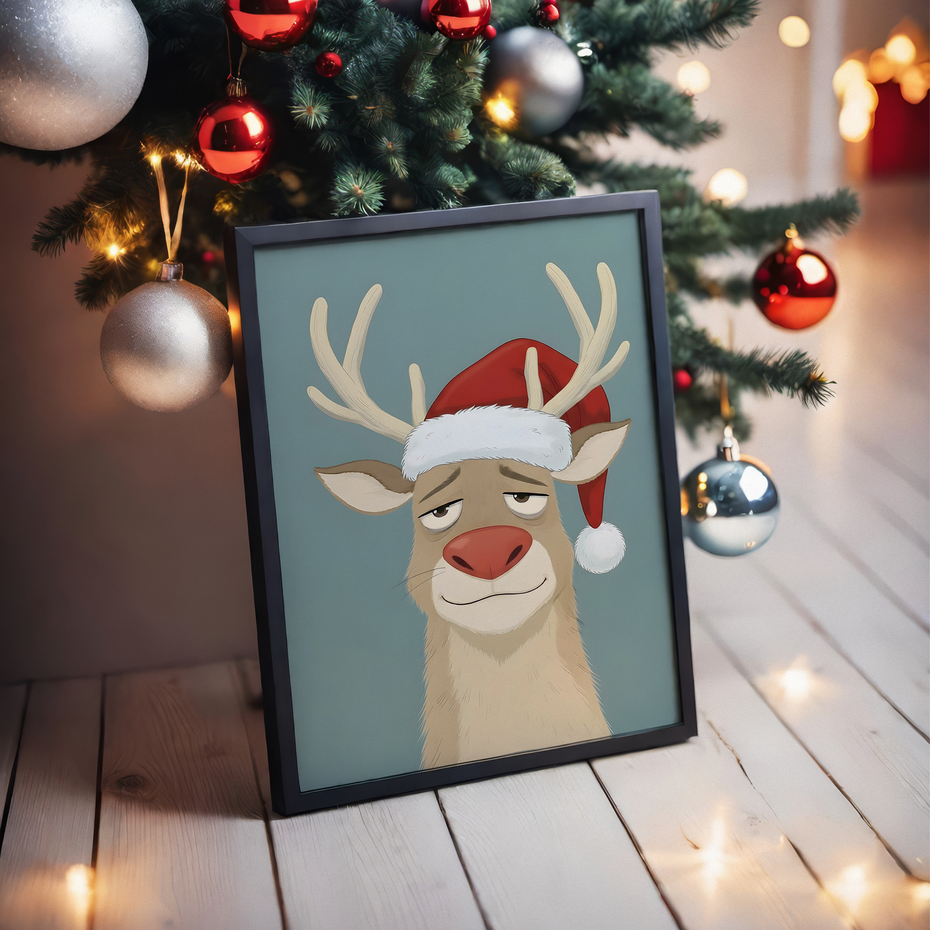 Illustration d’un renne de Noël portant un bonnet rouge avec bordure blanche, affichant une expression blasée ou fatiguée. Fond bleu uni, encadré dans un cadre en bois. Image humoristique et festive parfaite pour les décorations ou cartes de vœux de Noël.