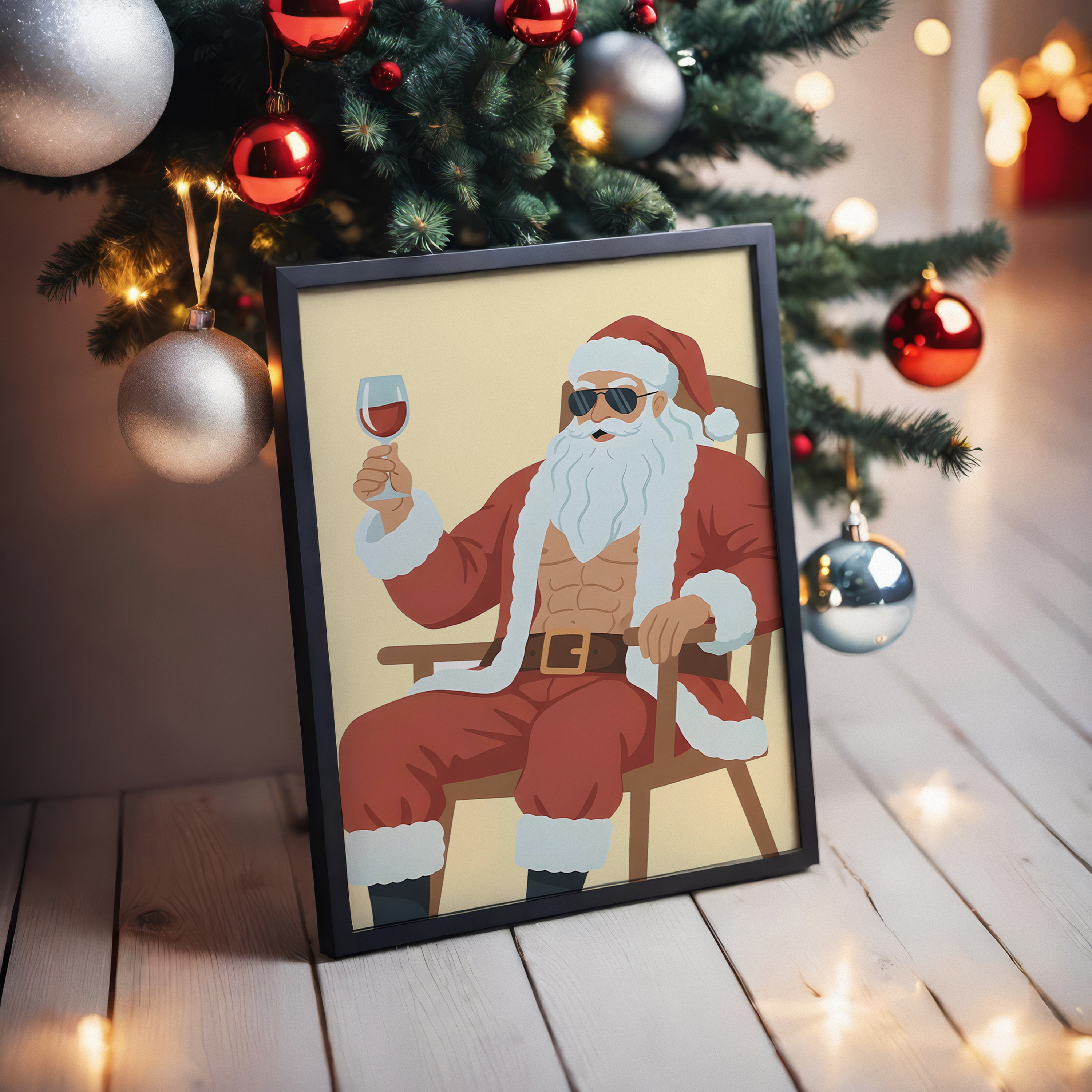 Père Noël musclé assis sur une chaise, portant un costume rouge traditionnel et des lunettes de soleil, tenant un verre de vin rouge à la main – illustration humoristique et moderne pour décoration murale de Noël.