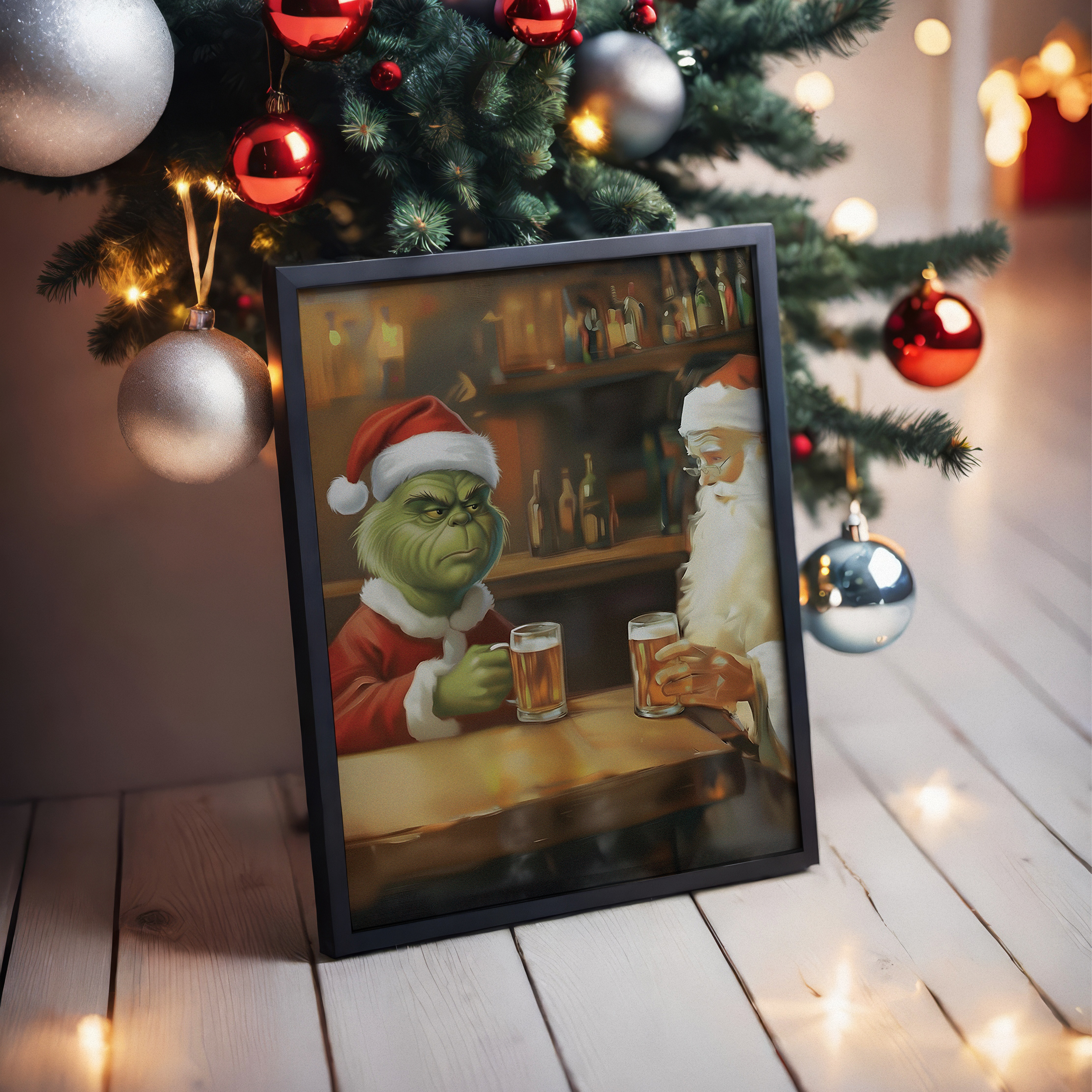 Affiche humoristique de Noël représentant le Père Noël et le Grinch partageant une bière dans un bar, ambiance festive et décalée, illustration originale pour décoration murale hivernale